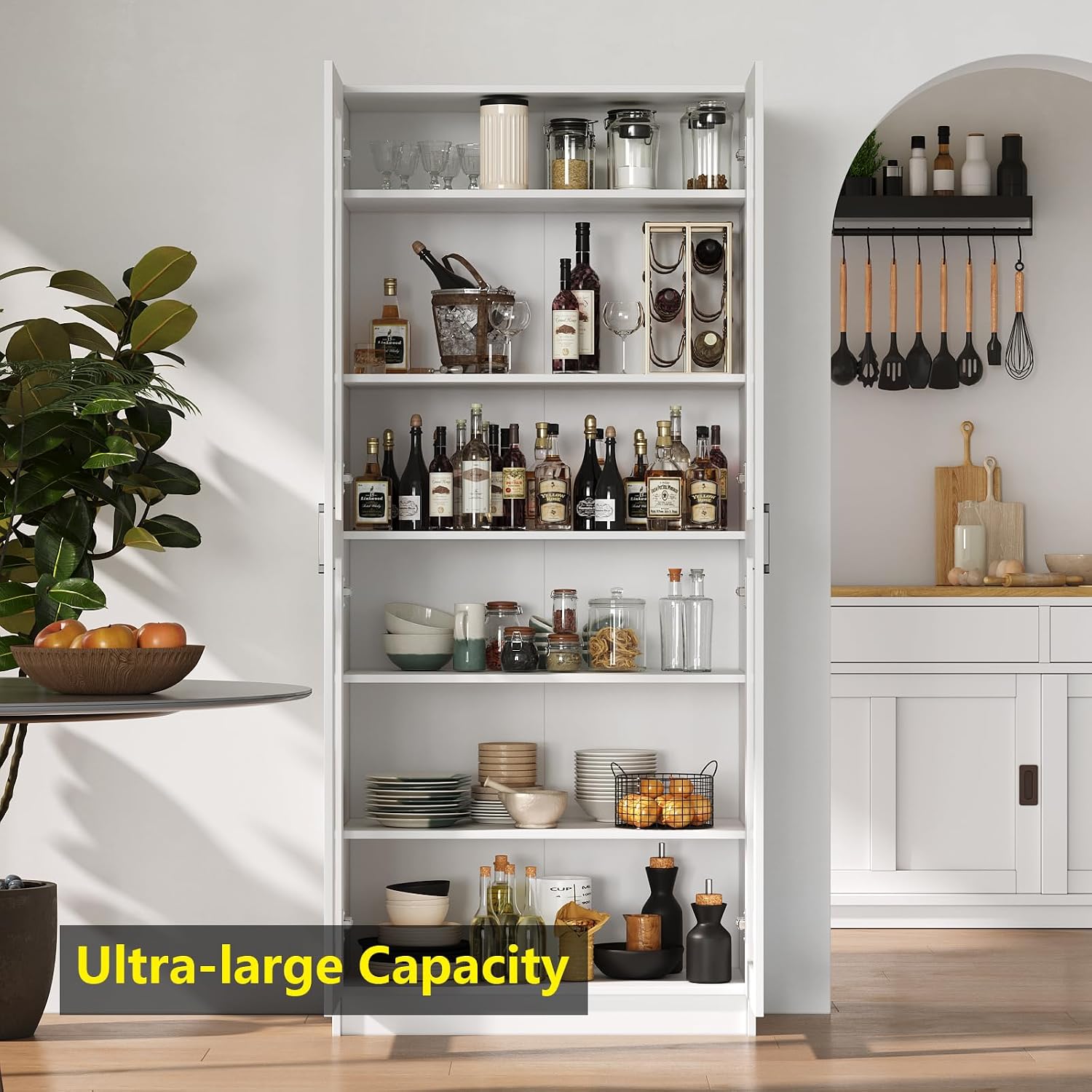 White Tall Kitchen Pantry Cabinet Organizers and Storage with Doors and Adjustable Shelves，Wood Large Gabinetes Para Cocina Office Bookshelf for Laundry Room Cabinets (31.5'W*15.7'D*71'H)