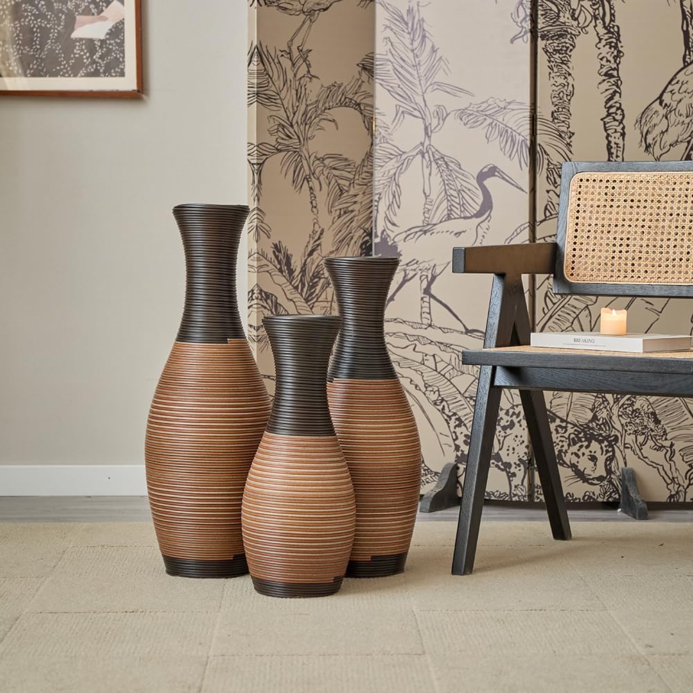 Floor PVC Decorated Vases Set of 3 for Gorgeous Home Decoration Large Classic PVC Vases 19.6in/23.6in/27.5in Height(Grey+Brown)