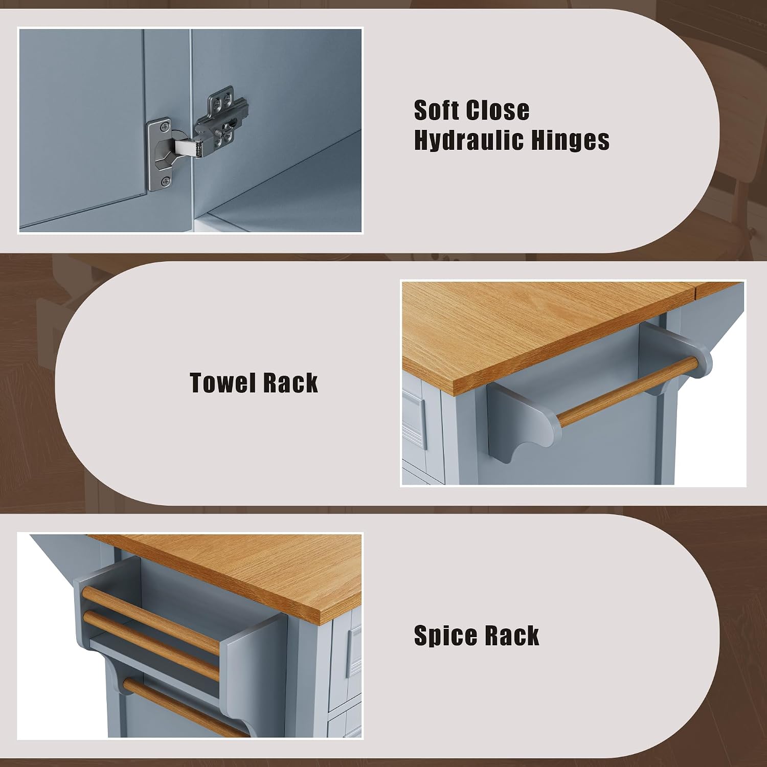 52' Kitchen Island Cart with Drop Leaf, Embossed Texture Kitchen Storage on Wheels with Spice Rack, Towel Rack, 5 Drawers, 2 Doors, Adjustable Shelf for Kitchen, Dining Room Grey Blue
