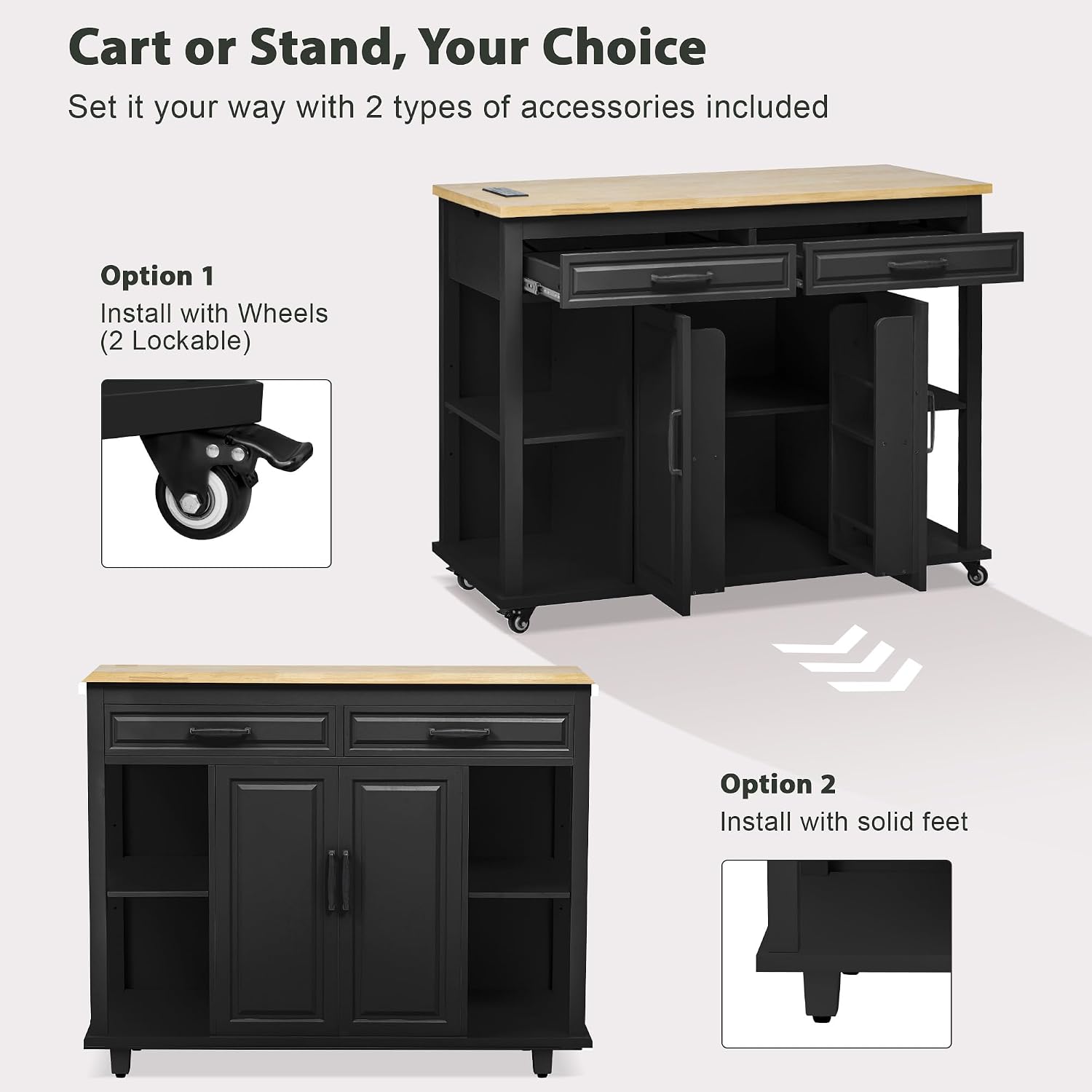 47' Kitchen Island with Extendable Dining Table, Rubber Wood Veneer Kitchen Table with Internal Storage Rack, Power Outlet, 2 Drawers, 2 Cabinet for Kitchen, Dining Room Black