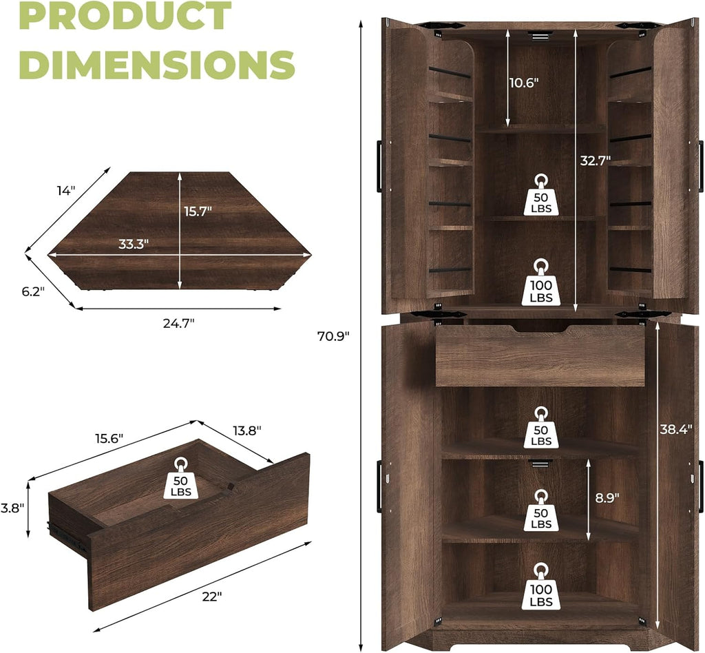 Dripex 71' Corner Cabinet Brown, Farmhouse Kitchen Pantry Cabinet with Doors Storage & Adjustable Shelves, Tall Corner Storage Cabinet with LED Light, Food Pantry for Living Room, Dining Room