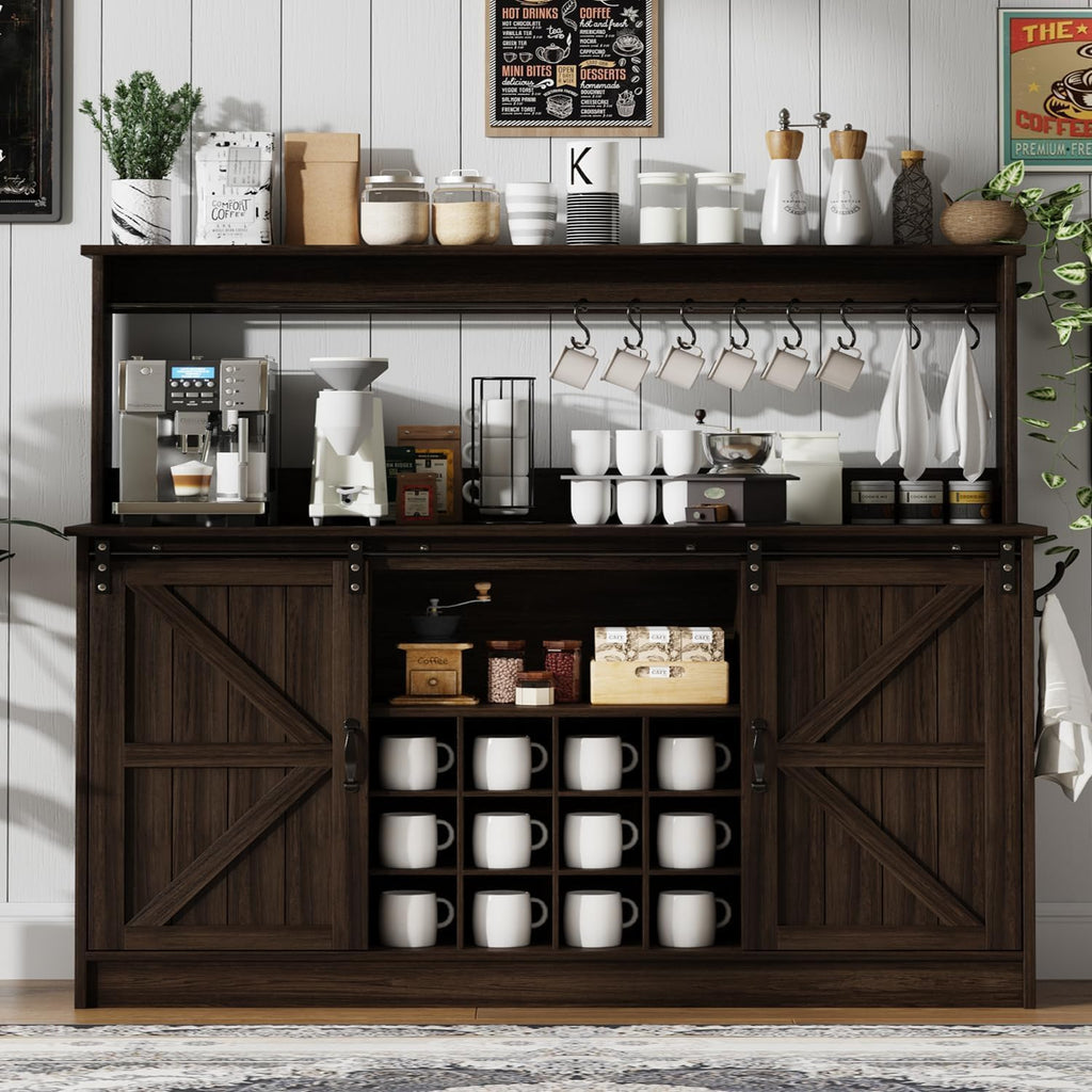 4ever2buy Farmhouse Coffee Bar Cabinet with 8 Hooks, 55' Kitchen Hutch Cabinet with Storage, Gray Coffee Bar with Sliding Barn Doors and 12 Racks for Living Dining Room, Dark Oak