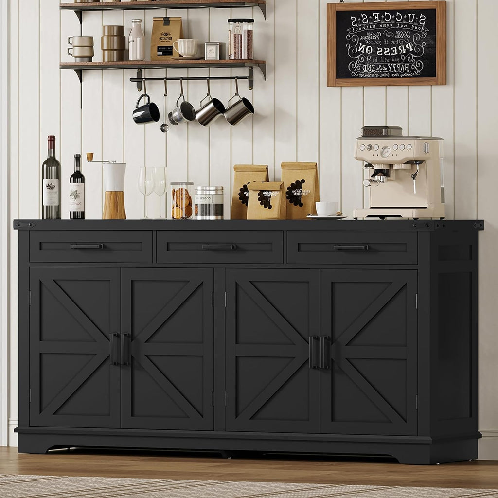 usikey Buffet Cabinet, 61' Large Sideboard Buffet Storage Cabinet with 3 Drawers, Farmhouse Coffee Bar with 4 Doors, for Kitchen, Living Room, Black