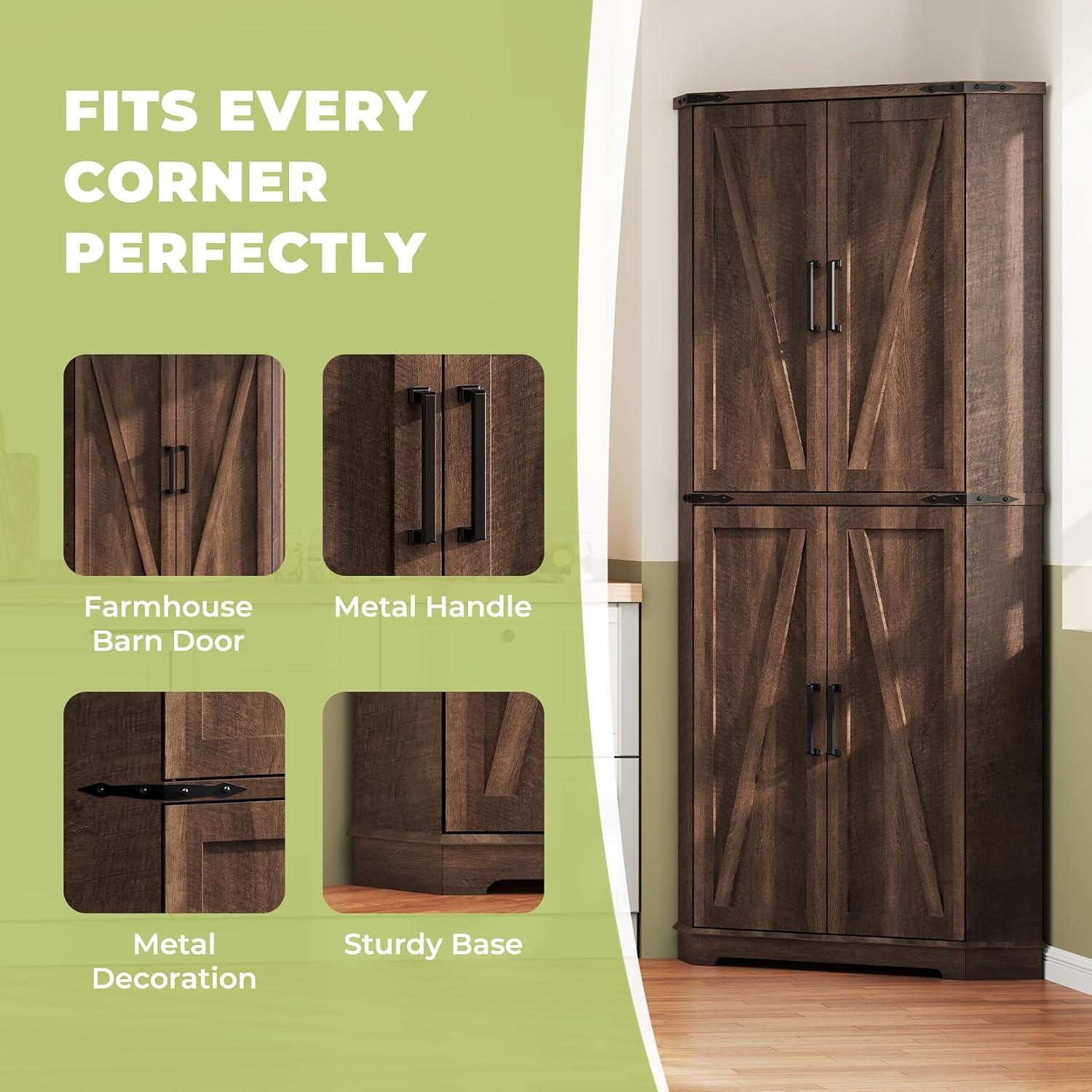 Dripex 71' Brown Farmhouse Corner Pantry Cabinet with LED Light, Tall Storage Cabinet with Doors & Adjustable Shelves, Food Pantry for Kitchen, Living Room, Dining Room