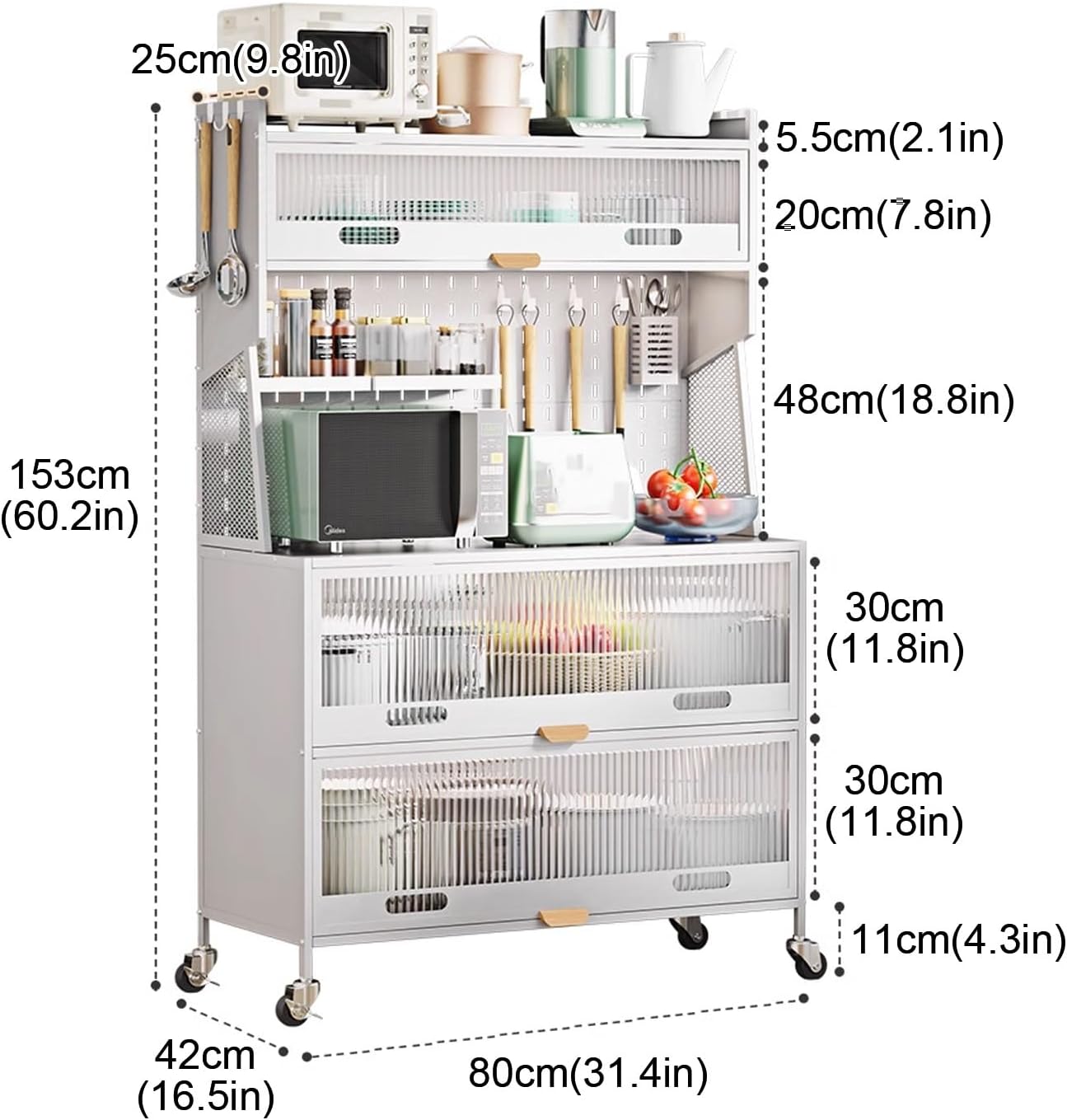 5-Tier Microwave Storage Stand - Kitchen Baker's Rack with Drawers Versatile Storage Cabinet for Home Office Pantry - Stylish Black Design,Black,80cm