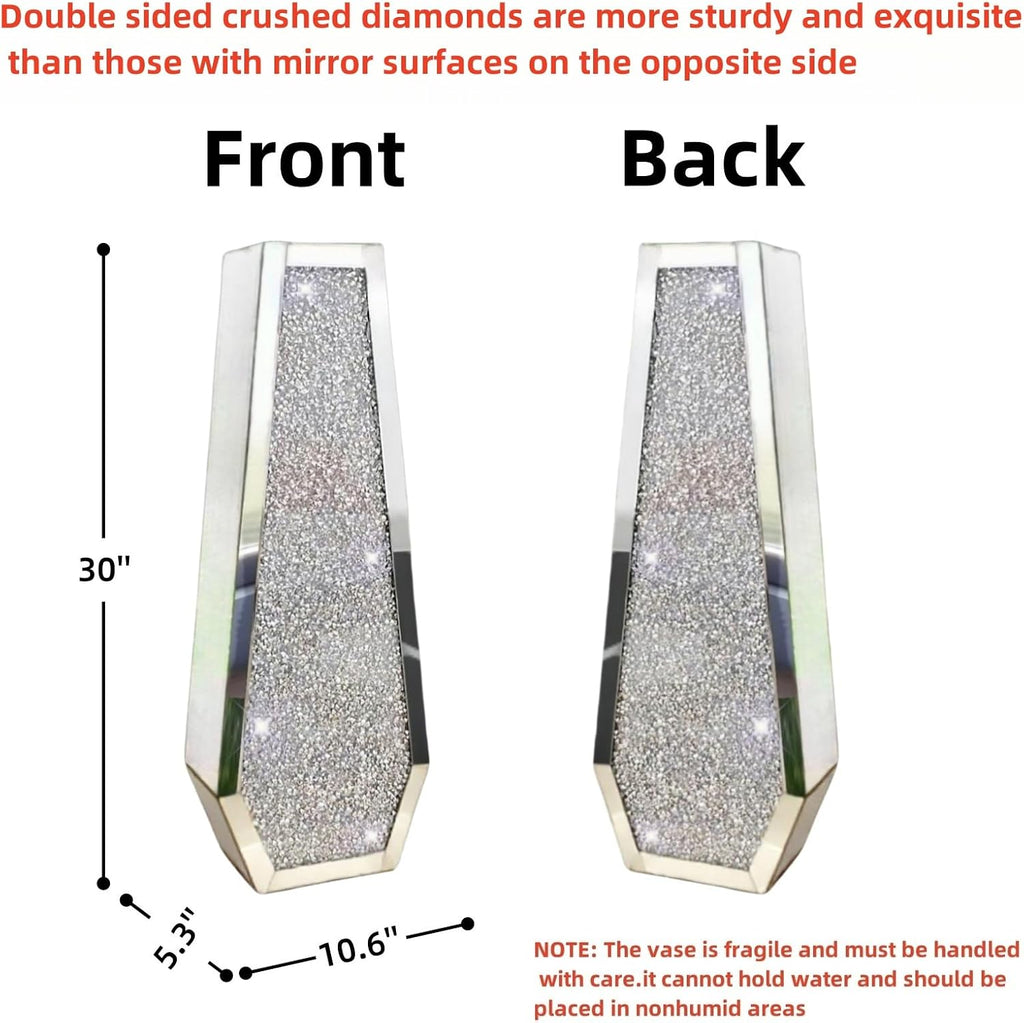 30' Large Double Sided Crushed Diamond Floor Vases,Tall Silver Mirrored Crystal Vase for Floor, Floor Vases Decorative Tall for Home,Office,Hotel (Silver,10.6' L x 5.3' W x 30' H)