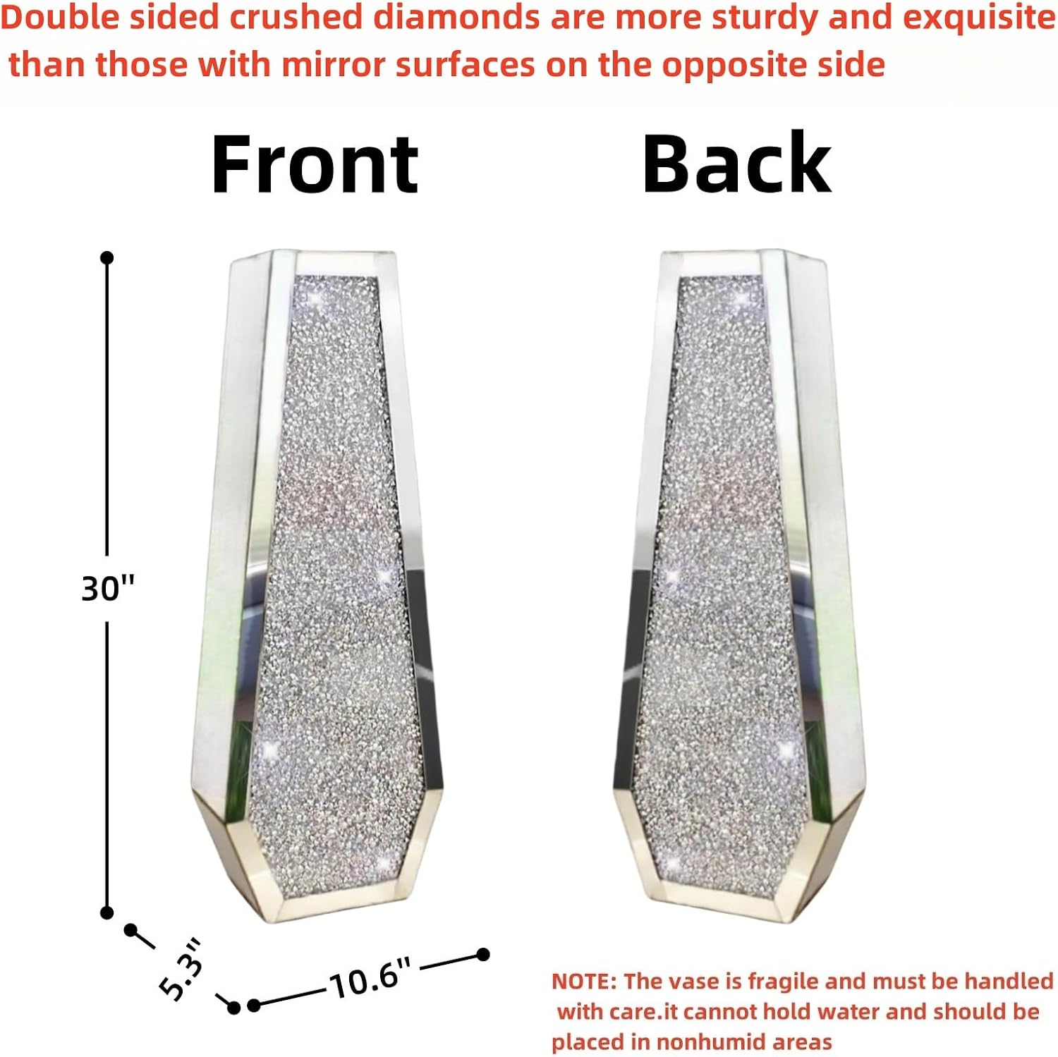 30' Large Double Sided Crushed Diamond Floor Vases,Tall Silver Mirrored Crystal Vase for Floor, Floor Vases Decorative Tall for Home,Office,Hotel (Silver,10.6' L x 5.3' W x 30' H)