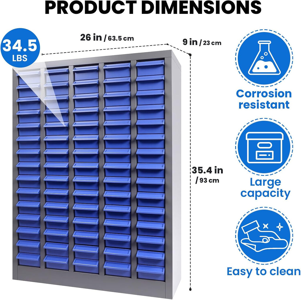 75 Drawer Heavy Duty Parts Cabinet, Stainless Steel Frame|ABS Drawers with Labels/Divider, 550Lbs Nut Bolt Screw Organizer for Workshop, Garage, Hardware Storage
