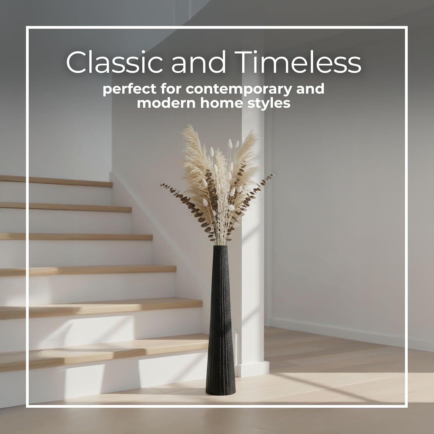 Aluminum Decorative Vase – Floor Flower Holder for Tall Arrangements, Entryway or Living Room Placement, Home Decor with Ribbed Modern Vase Design for Sculptural Impact – 48', Black