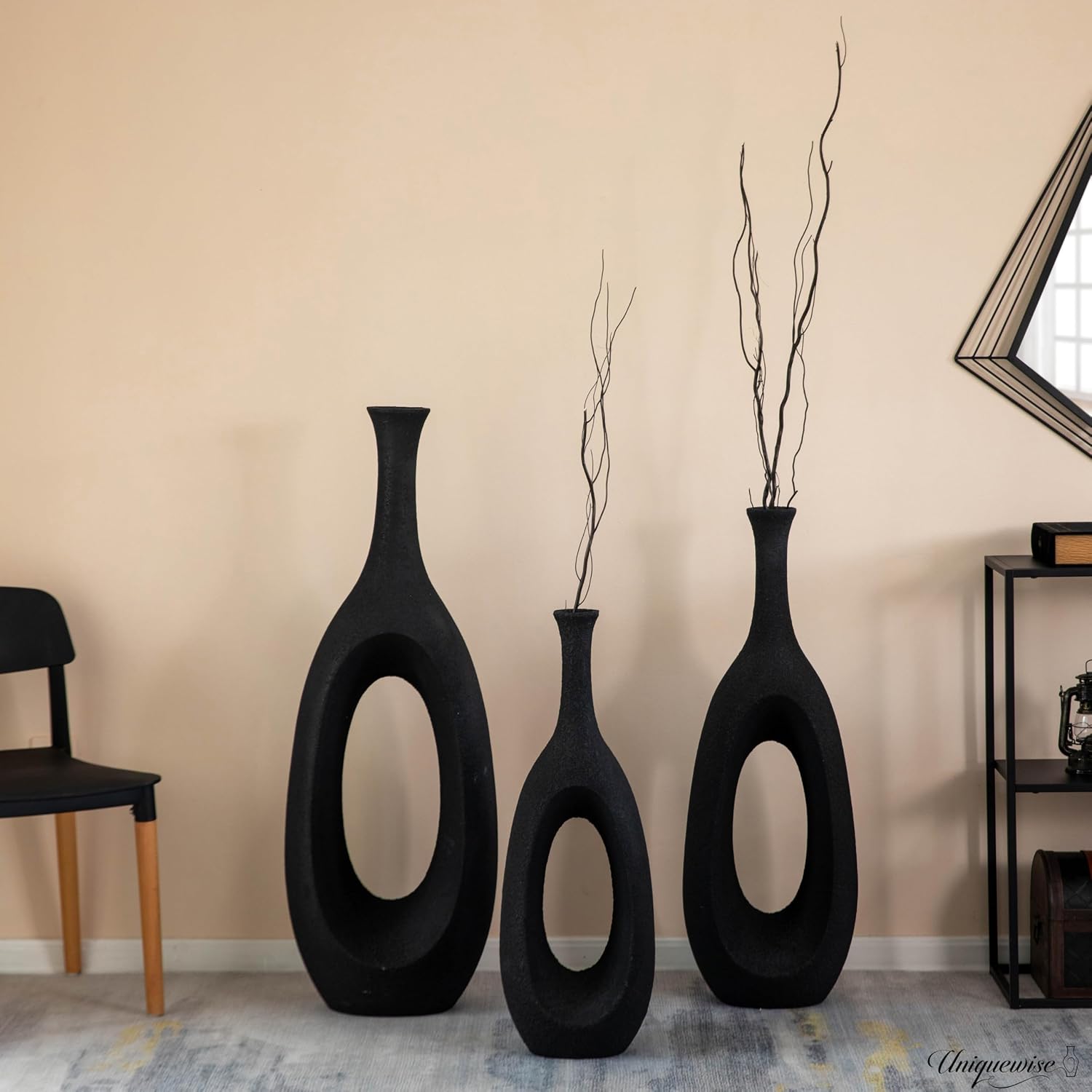 Set of 3 Frosted Black Fiberglass Tall Floor Vase - Decorative Vase for Modern Home Decor, Perfect for Living Room, Home Office, Bedroom, Kitchen, Coffee Bar, Farmhouse Decor, and Wedding Centerpieces