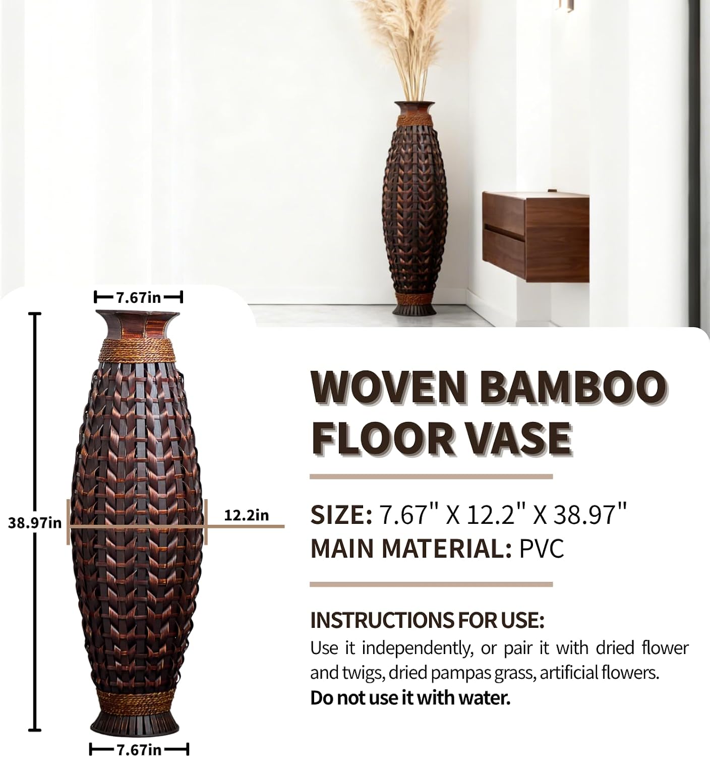39-Inch Large Handwoven Rattan Floor Vase, Bamboo Weave Tall Vase for Dried Flowers, Boho Chic Home Decor for Living Room, Bedroom, Entryway