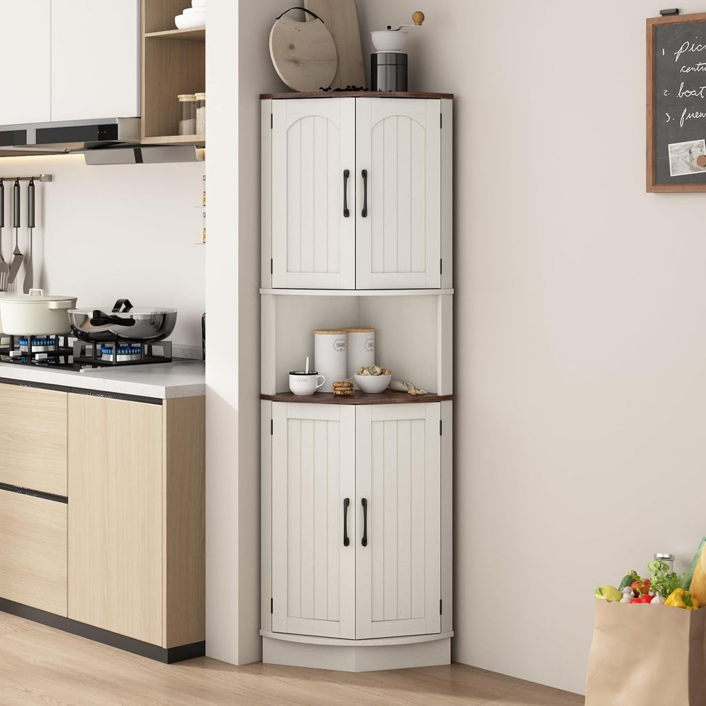 HOKYHOKY Tall Corner Cabinet, 64.7' Corner Storage Cabinet with 4 Doors and 5 Storage Shelves, Farmhouse Space Saver with Arched Door Design for Living Room, Kitchen, Bathroom, Office