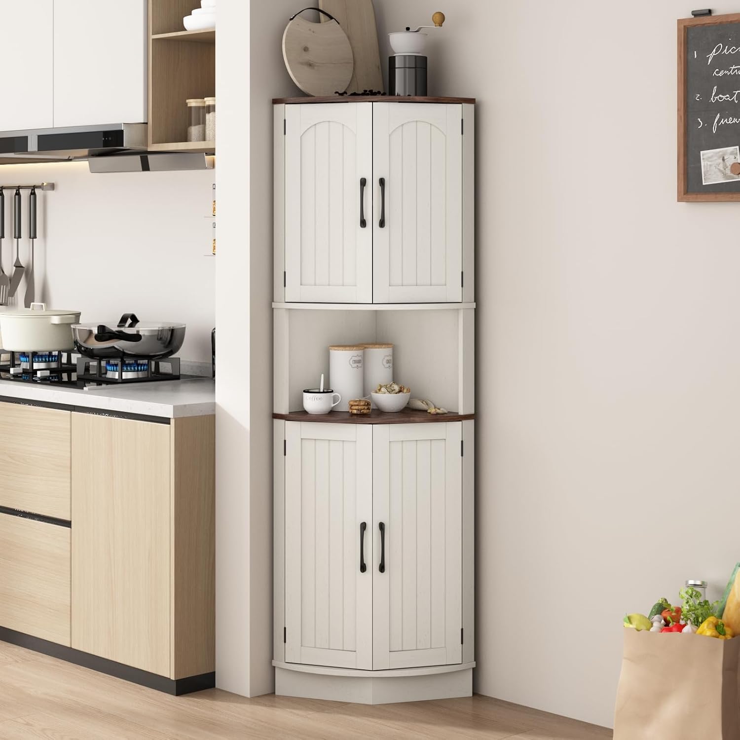 HOKYHOKY Tall Corner Cabinet, 64.7' Corner Storage Cabinet with 4 Doors and 5 Storage Shelves, Farmhouse Space Saver with Arched Door Design for Living Room, Kitchen, Bathroom, Office