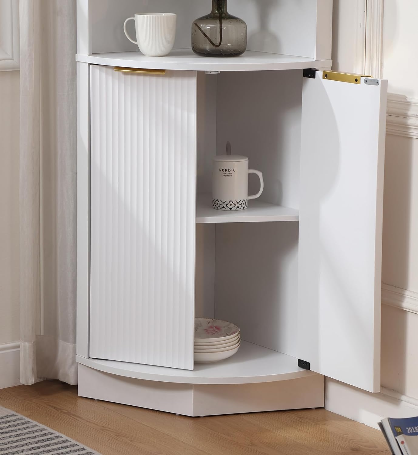 FOREST GRAVITY 64.57'' Tall Corner Cabinet with Shelves for Great Storage and Showcase,Storage Cabinet Double as Corner Liquor Cabinet with Pentagon Design for Livinng Room,Kitchen and Bathroom,White