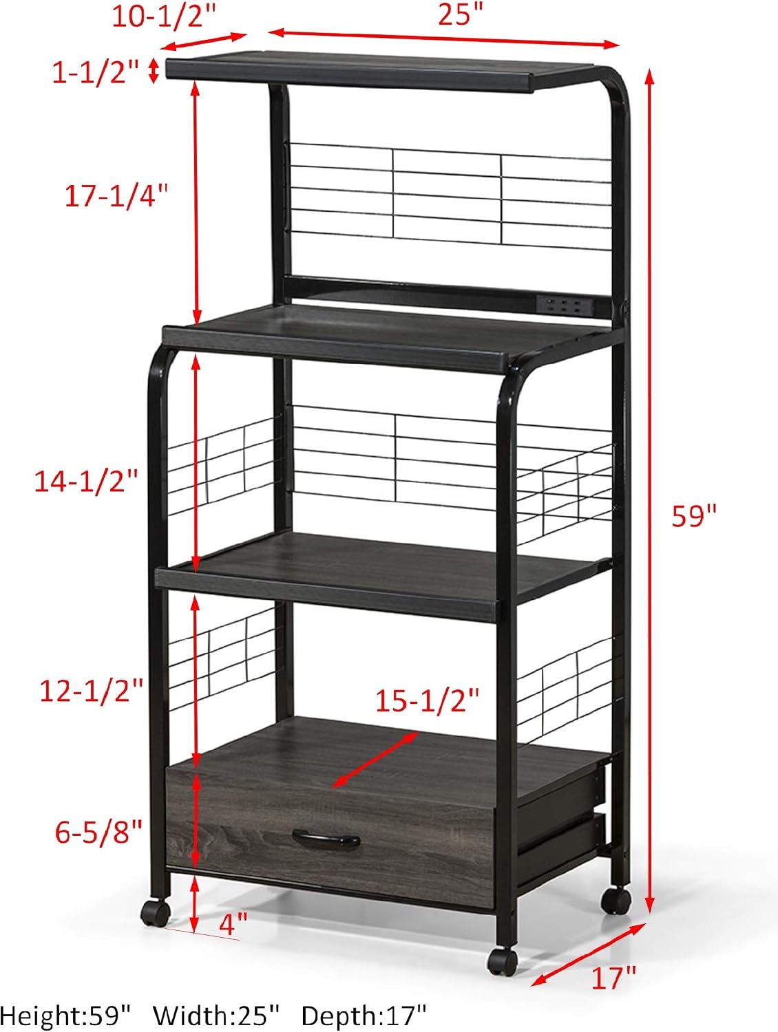 Crown Mark Kitchen Shelf with Casters Baker's Rack, Black