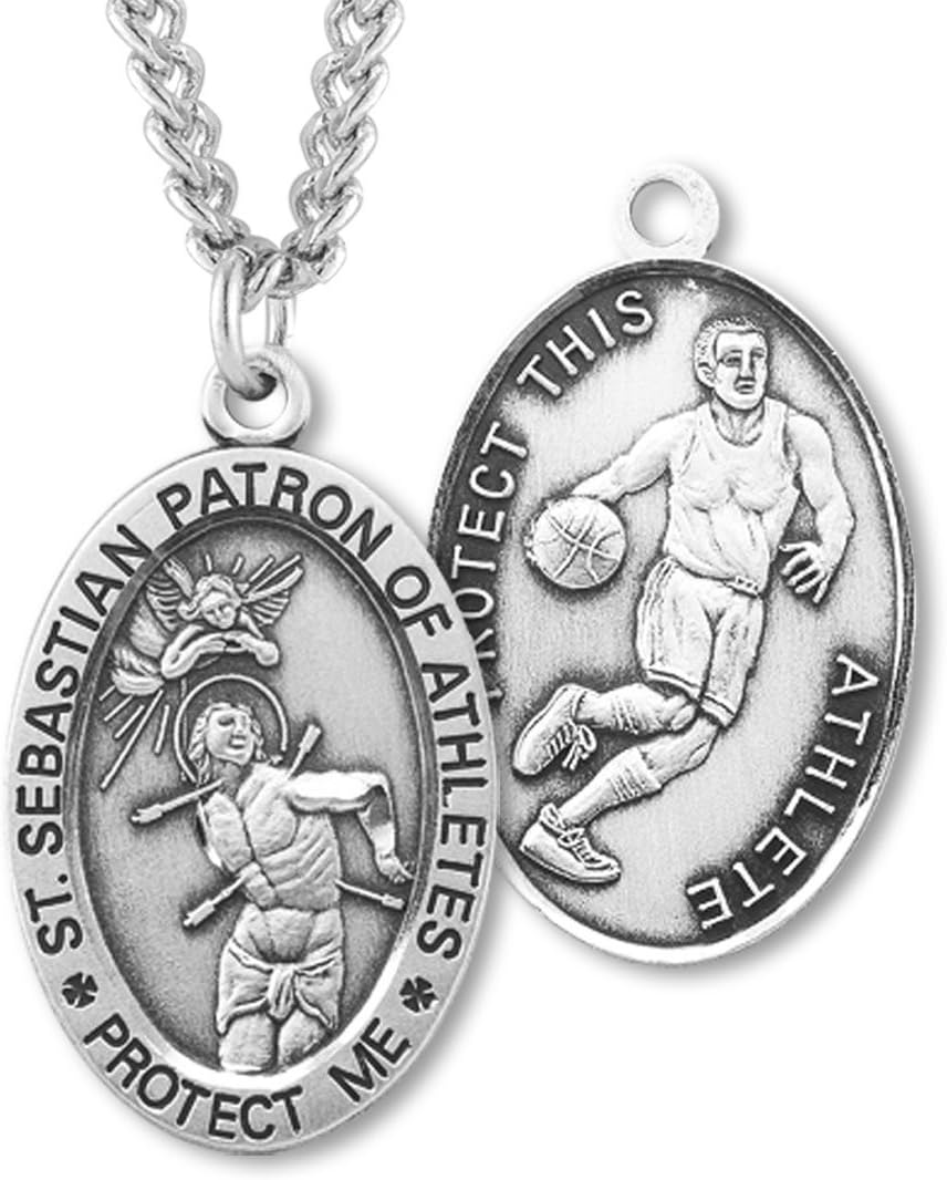 Heartland Men's Sterling Silver Oval Saint Sebastian Basketball Medal + USA Made + Chain Choice