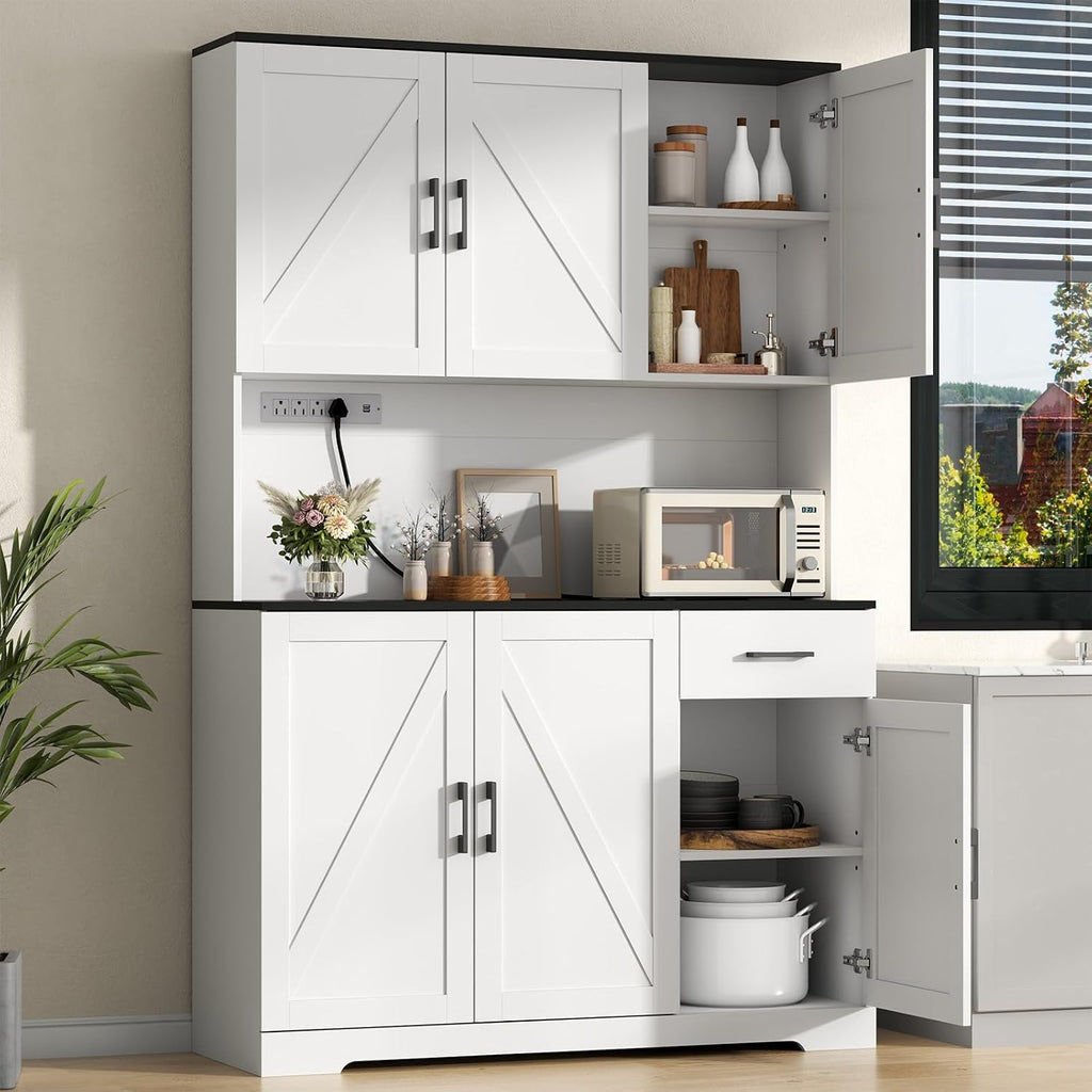 Gyfimoie 71'' Farmhouse Kitchen Pantry Cabinet, Tall Storage Cabinet with Power Outlet, Freestanding Hutch with Drawer, 4 Adjustable Shelf & 6 Doors for Kitchen Living Room (White)