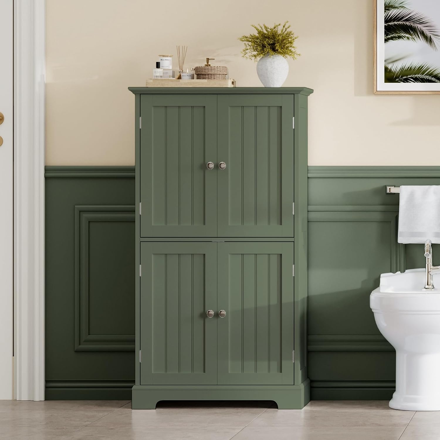 ChooChoo Bathroom Floor Cabinet, Modern Bathroom Storage Cabinet with 4 Doors and Adjustable Shelves, Freestanding Cupboard for Living Room, Green