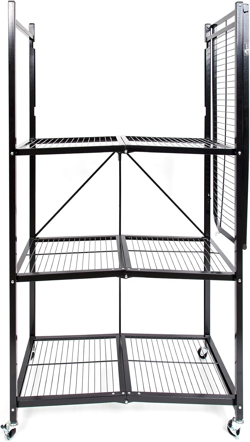 Origami 3 Pack 4 Tier Foldable Metal Garage Storage Shelf Rack, Wheels & Powder Coated Steel, Black