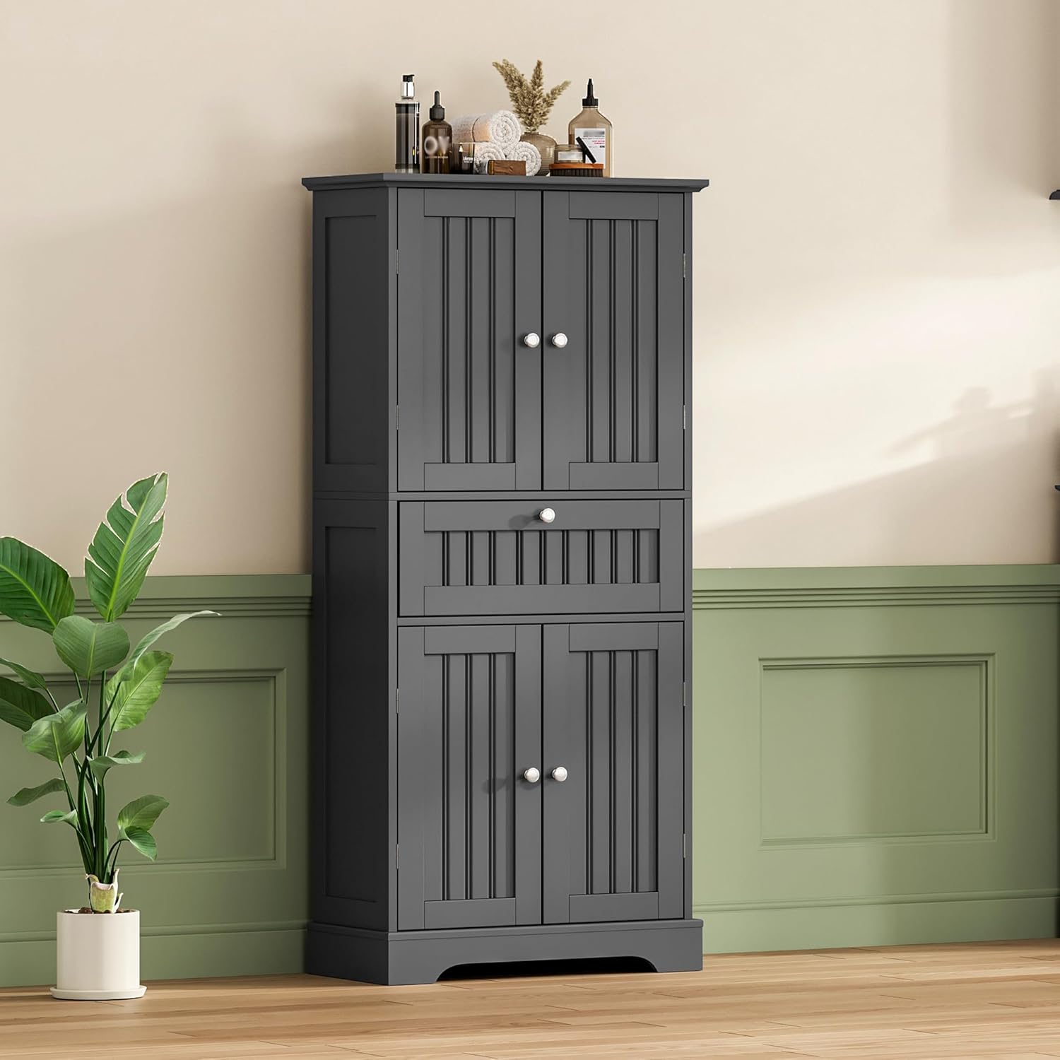 ChooChoo 51' H Tall Bathroom Floor Cabinet, Modern Bathroom Storage Cabinet with Drawer and Adjustable Shelves, Freestanding Kitchen Pantry Cupboard with 4 Doors for Living Room, Black