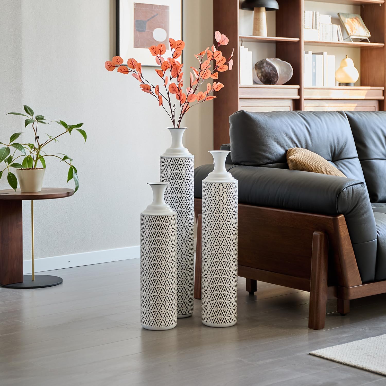 Set of 3 Gorgeous White Metal Vases - Unique Floor Decoration, Large Glazed Metal Vases at 24in, 28.7in, 33.5in for Modern Black & White Home Designs