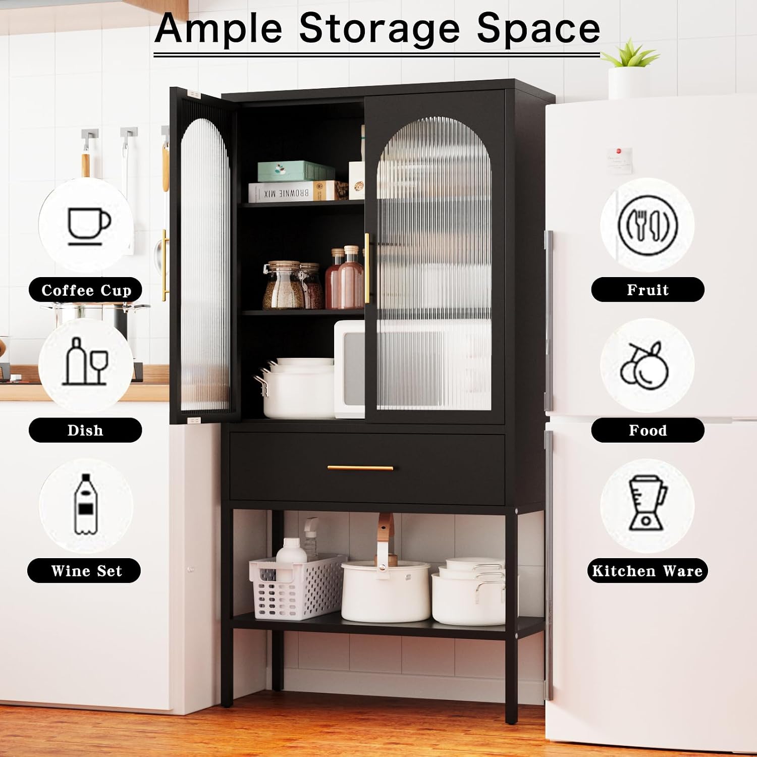 ALBAD 63 Inch Tall Metal Pantry/Display/Storage Cabinet with Fluted Glass Doors and Drawer & Adjustable Shelf for Modern Home Office Living Room Kitchen Black