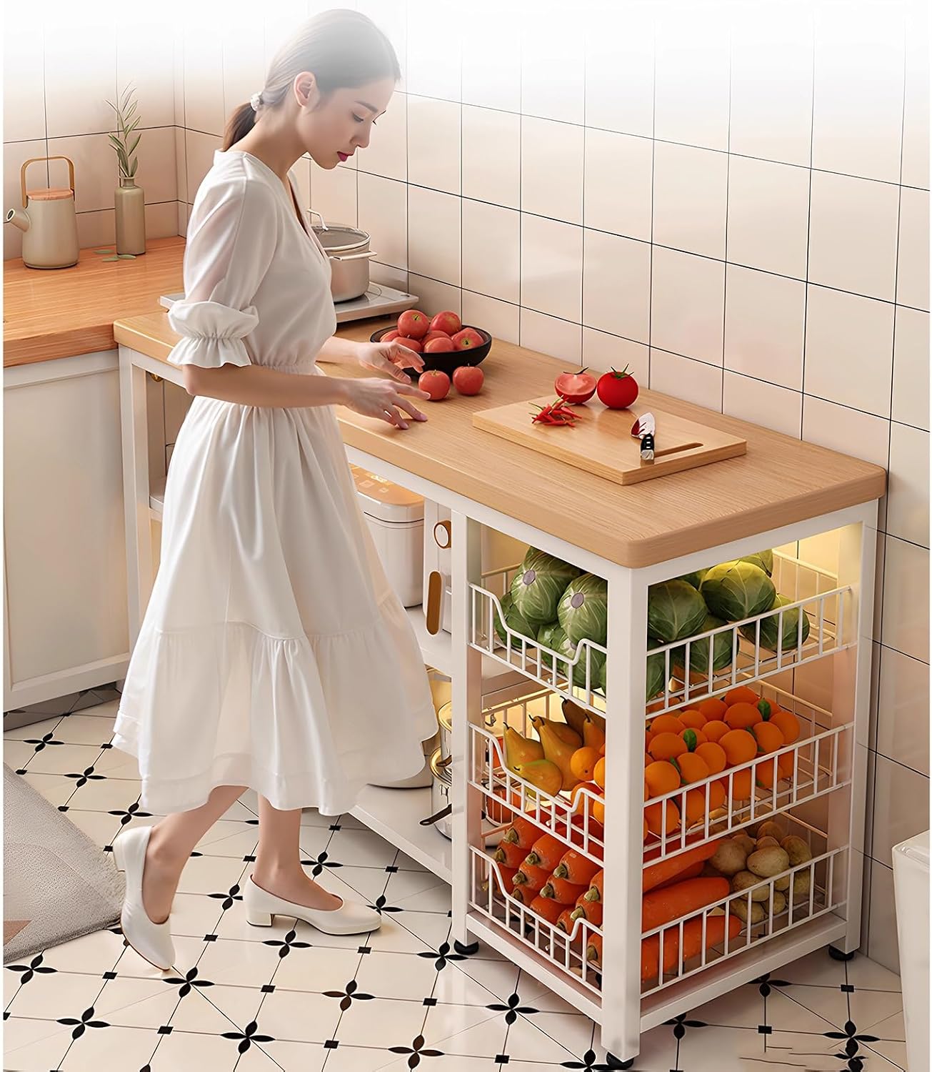 Coffee Cabinet,Kitchen Sideboard, Kitchen Cabinet,3-Tier Kitchens Baker's Rack,Utility Microwave Oven Stand with Storage Cabinet,Free Standing Kitchens Shelves Organizers(White,100cm/39.37in)