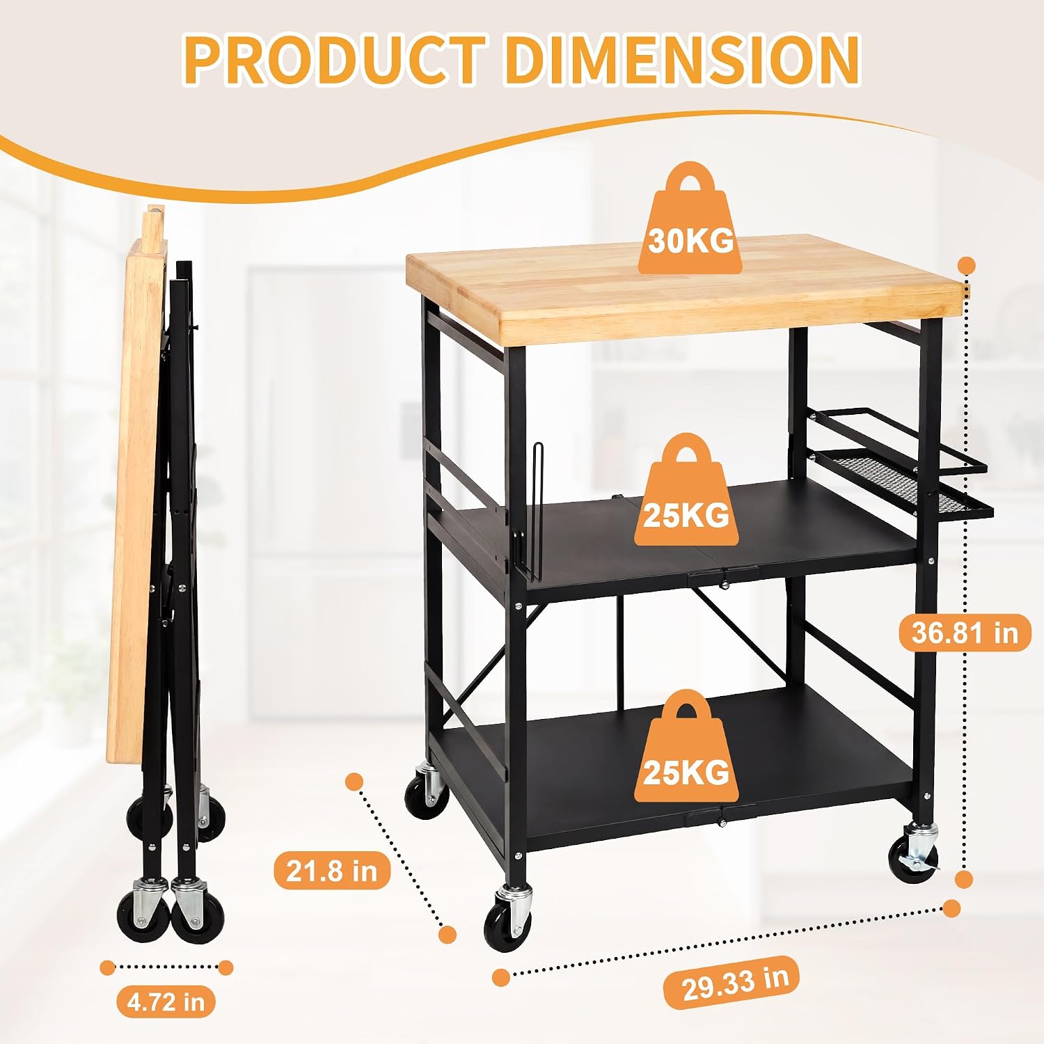 PLKOW Foldable Kitchen Cart with Solild Oak Wood Top, Rolling Kitchen Island on Wheels, 3-Tier Storage Utility Cart for Microwave, Toaster Oven, Small Spaces