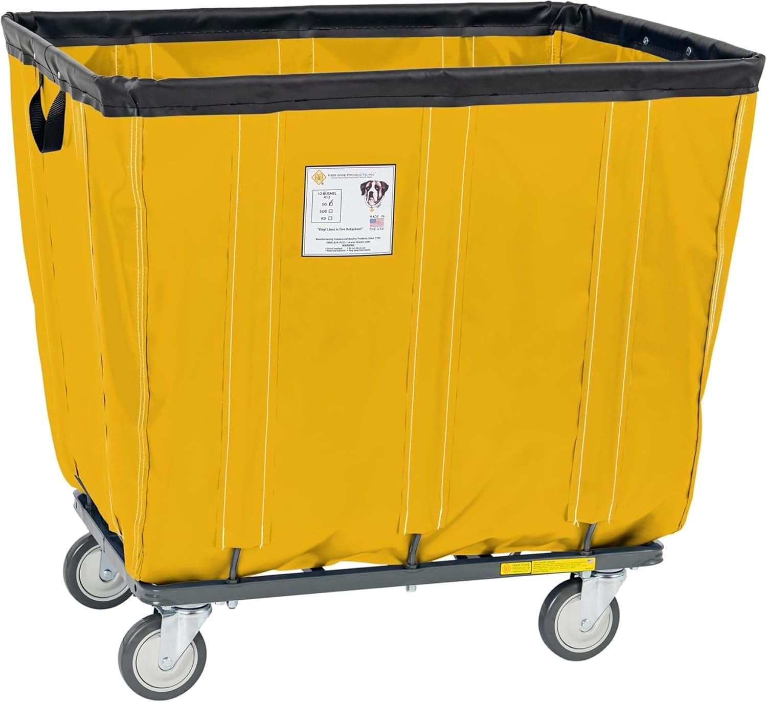 R&B Wire Products, Inc., 16 Bushel Vinyl Basket Truck with Steel Base, Capacity 600 lb, Capacity Volume 20 ft³, Color Yellow, Model# 416SOC/YEL