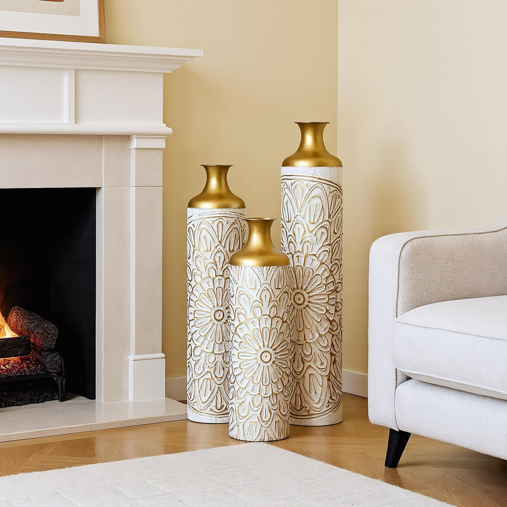 Luxury 3-Piece Floor Metal Vase Set - White & Gold Droplet Shaped Decor for Sophisticated Home Styling - Large Glazed Metal Vases to Impress Guests