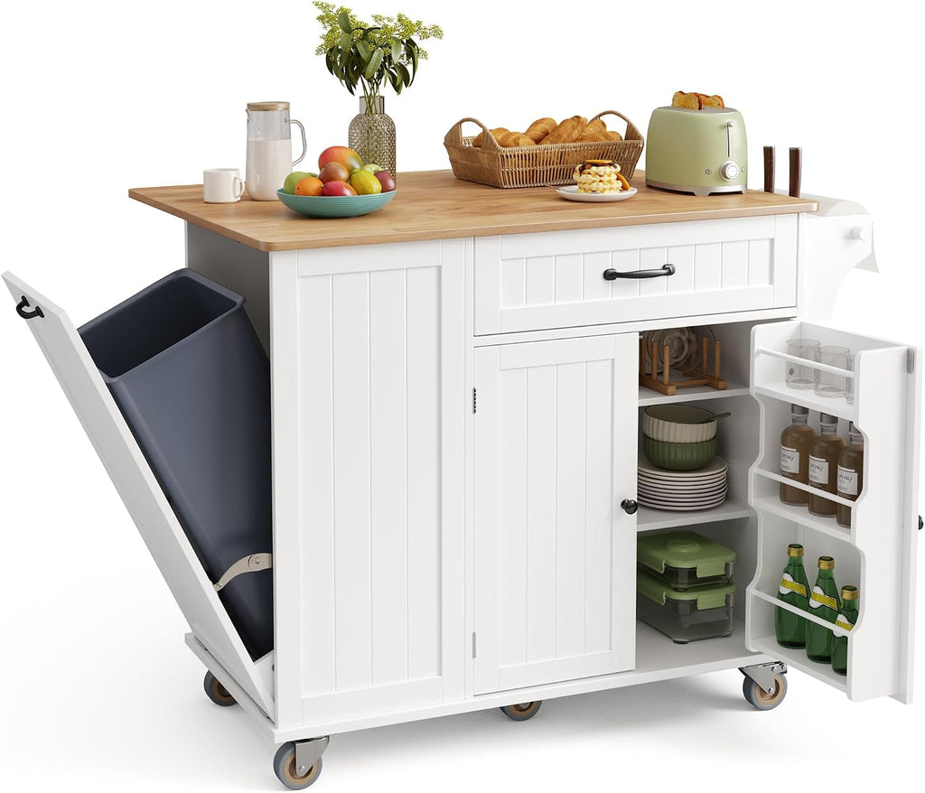 Ahomly Kitchen Island with Storage, 44.49' Kitchen Island with Trash Can Storage, Drop Leaf Rubberwood Top, Knife Holder, Adjustable Shelf, Towel Bar, Drawer, Spice Rack, White