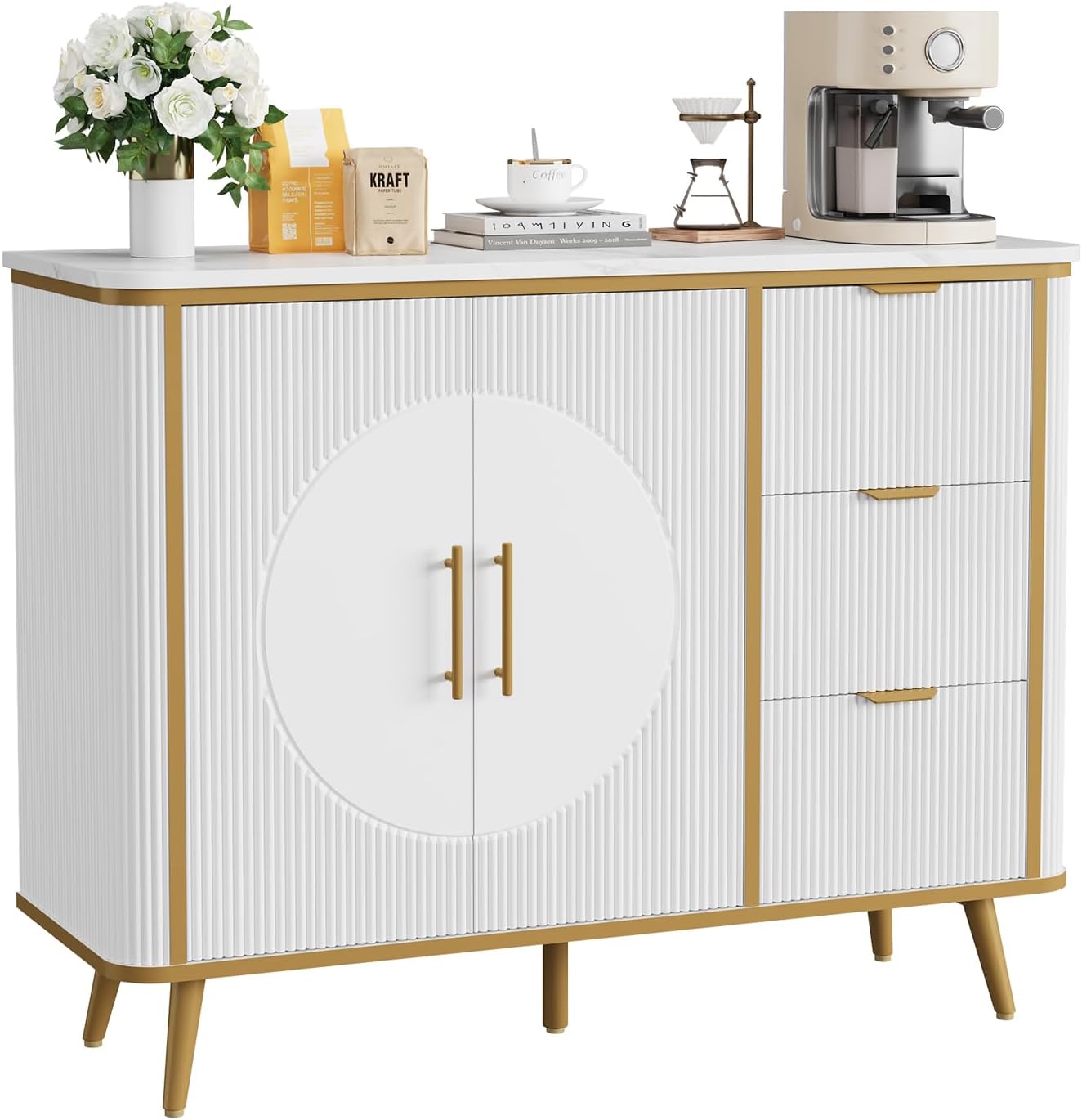 47.3' Modern Buffet Cabinet with Storage, Kitchen Sideboard Buffet with 2 Door & 3 Drawers, Fluted Caffee Bar Storage Cabinet for Dining Room, Living Room, Entryway, White