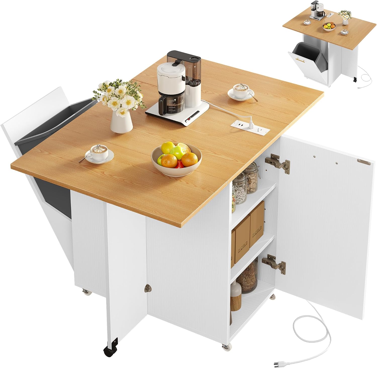 YITAHOME Kitchen Island with Drop Leaf, Folding Extendable Dining Table with Power Outlet, Space Saving Mobile Storage Islands with Trash Can Cabinet Fit 10-Gal Garbage Bin, Yellow Oak
