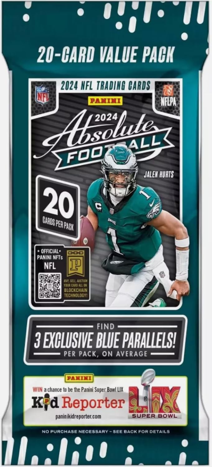 2024 Panini Absolute NFL Football Factory Sealed Cello Value Box. 12 Packs of 20 Cards. Chase possible autographs, serially numbered and memorabilia cards. Find 3 Exclusive Blue Parallels Per Pack. Chase the Ultra-Rare Kaboom and Explosive Inserts.