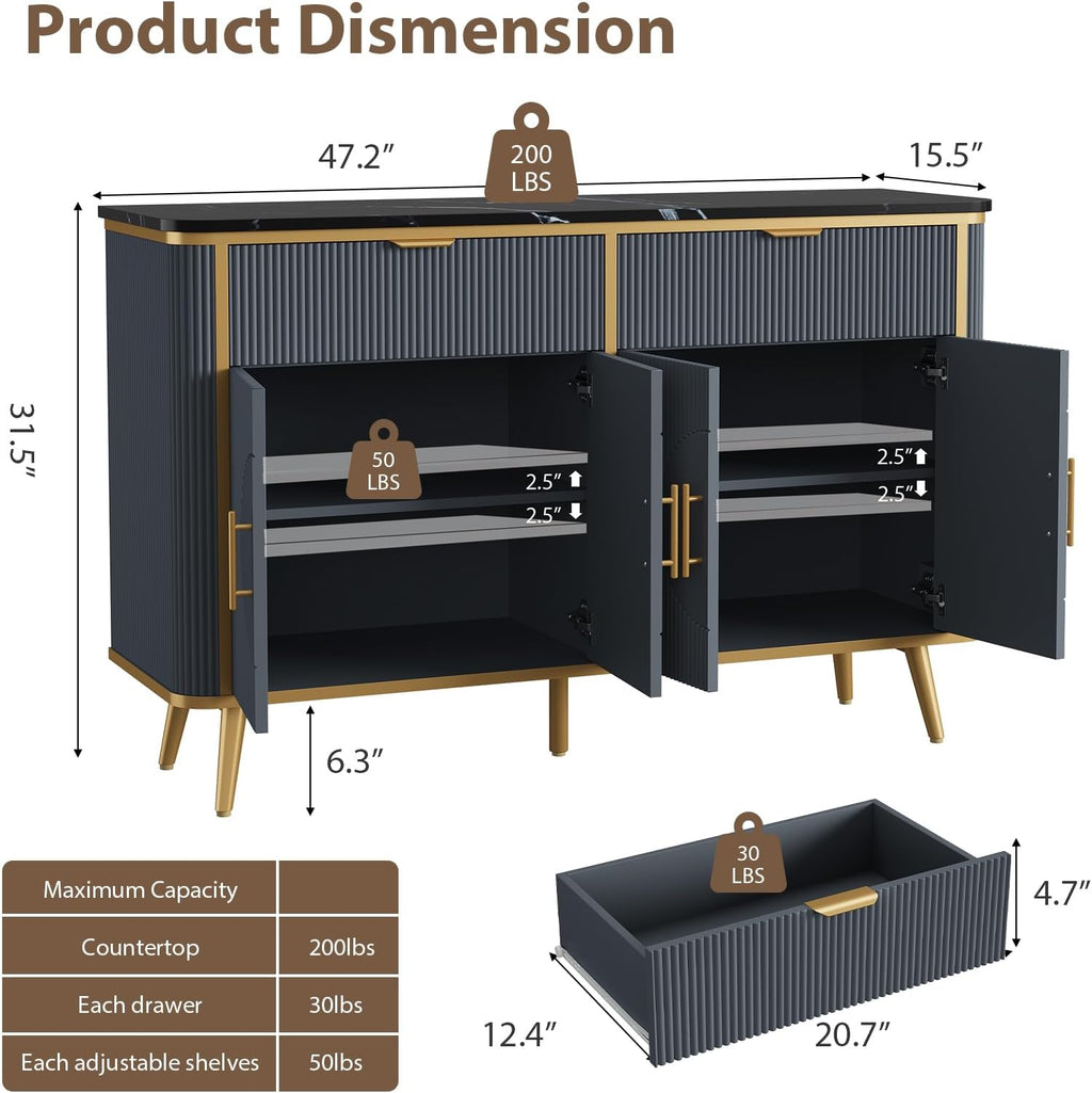 47.2' Buffet Storage Cabinet, Modern Fluted Coffee Bar Station with 2 Drawers & Adjustable Shelves, Kitchen Sideboard Buffet for Dining Room, Living Room, Hallway, Navy Blue