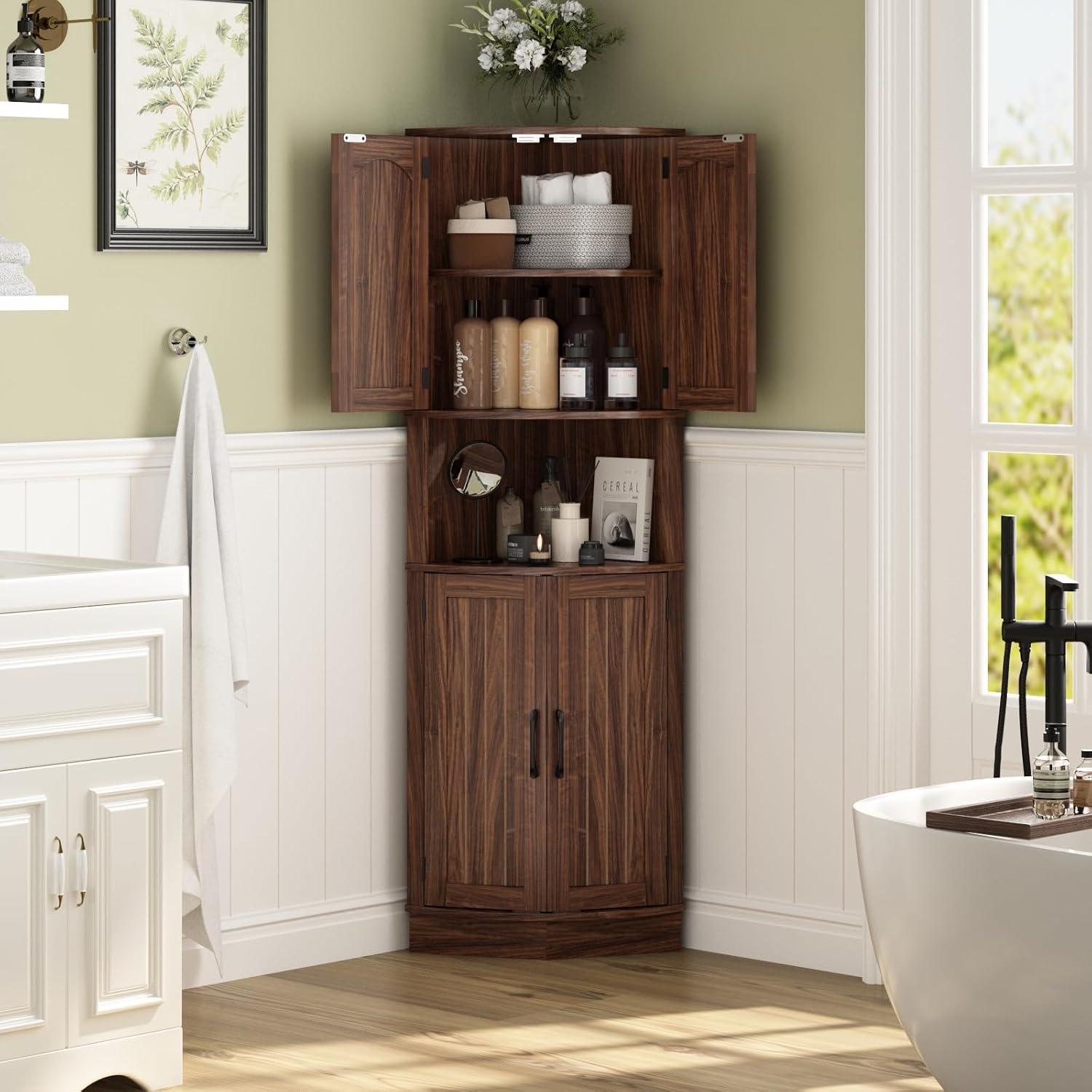 HOKYHOKY Tall Corner Cabinet, 64.7' Corner Storage Cabinet with 4 Doors and 5 Storage Shelves, Farmhouse Space Saver with Arched Door Design for Living Room, Kitchen, Bathroom, Office