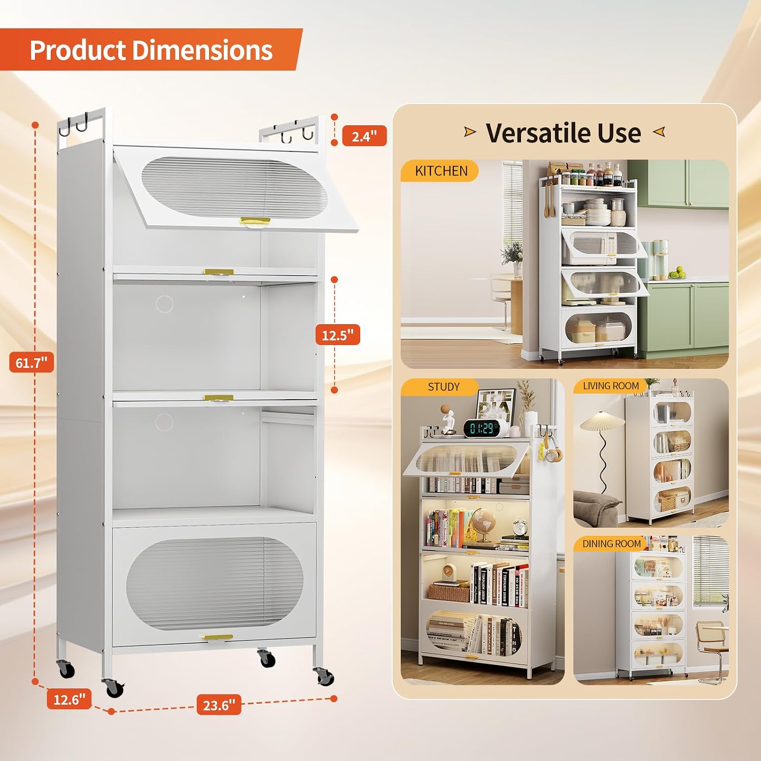 Dyoung 5-Tier Kitchen Pantry Storage Cabinet with Flip-up Doors, Metal Freestanding Cabinet with 4 Rooling Wheels, Bakers Rack with Storage Cabinet for Dining Study Kitchen Living Room (White)