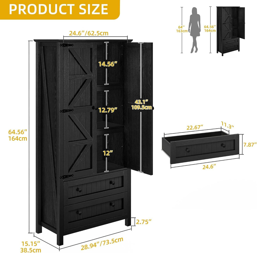 DWVO Farmhouse Kitchen Pantry Cabinet, 64.5' Tall Storage Cabinet with 2 Drawers and Adjustable Shelves, Versatile Storage for Living Room, Dining Room or Hallway, Oak Black