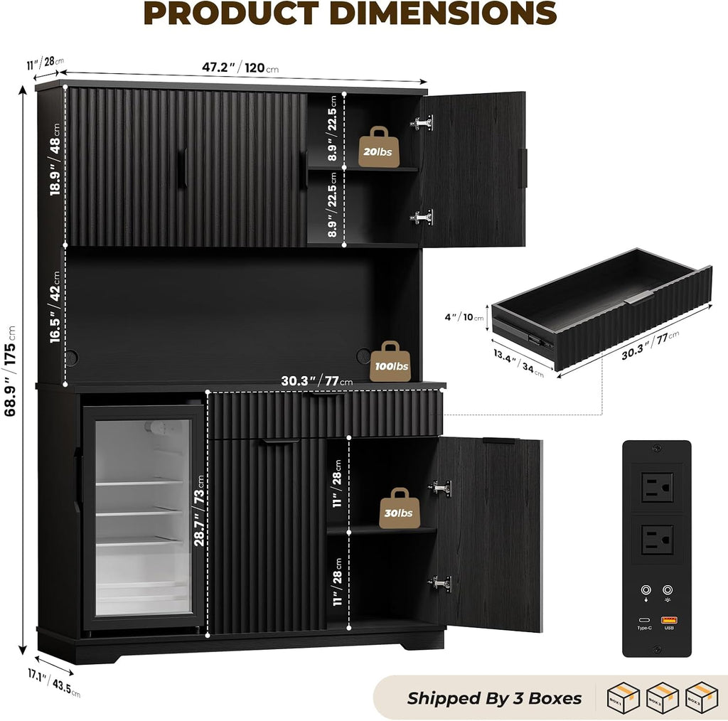 69' Kitchen Pantry with Fridge (Fridge Included), Fluted Coffee Bar Cabinet with LED Lights & Outlets, Tall Wine Bar Cabinet with Drawer & Storage Hutch for Living Room, Dining Room, Black