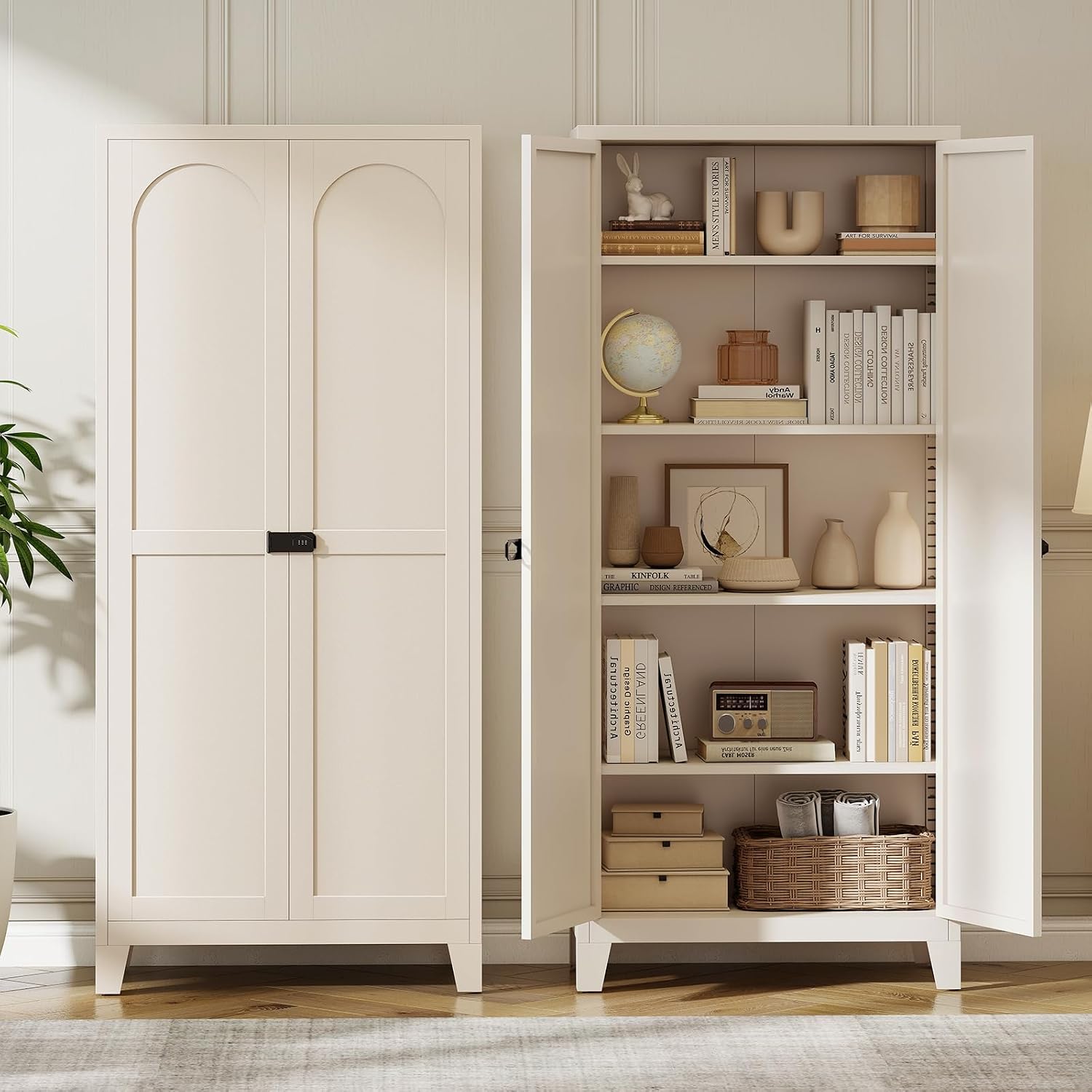 Zevemomo 71' Tall Metal Locking Cabinet with 4 Adjustable Shelves & 2 Doors, Steel Lockable Cabinet with 3-Digit Combination Lock, Secure Metal Pantry Cabinet for Home, Office, Garage, Beige