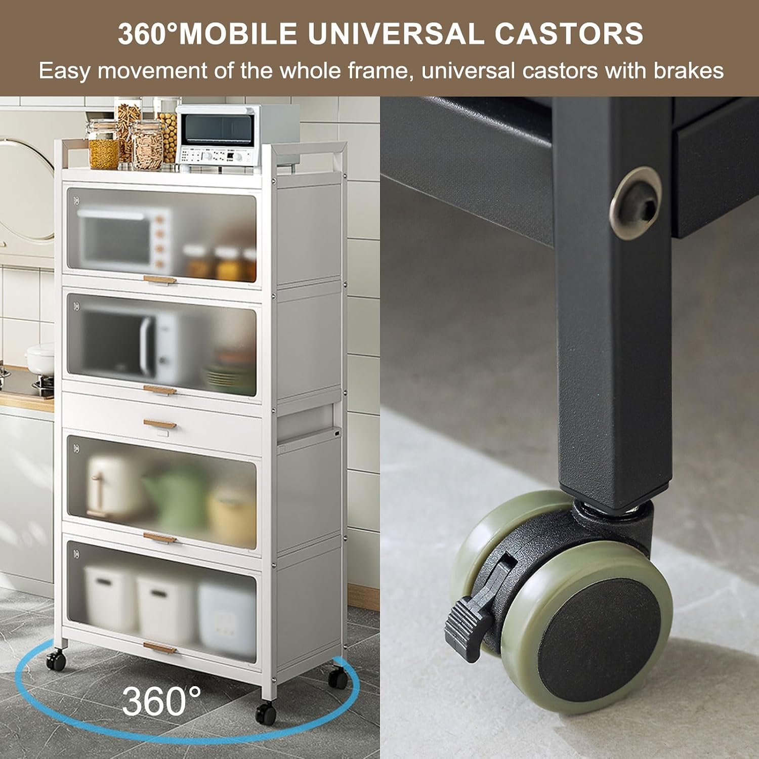 5-Tier Kitchen Storage Cabinet with Flip Doors, Mobile Microwave Stand with Brakeable Casters, Freestanding Kitchen Bakers Rack with Drawer, for Dining Room, Living Room,Black,60×135cm/23.6×53in