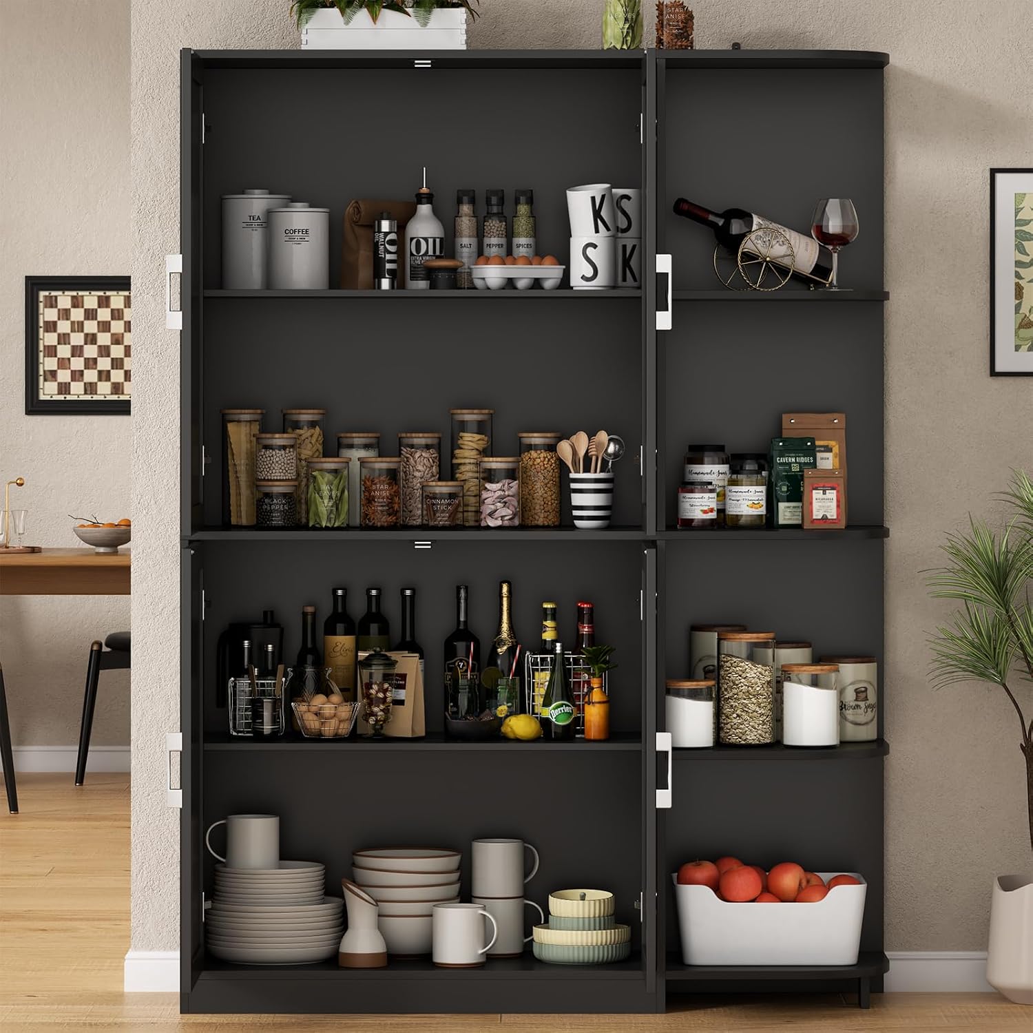 Loomie Kitchen Pantry Storage Cabinet, 64' Tall Freestanding Cupboard with Doors & Adjustable Shelves, Food Pantry Cabinet with 5-Tier External Shelf for Dining Room (Black)