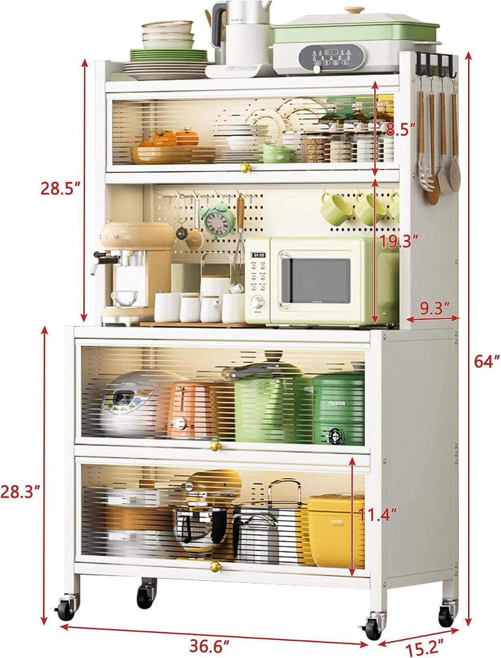 Bakers Storage Rack, Microwave Stand, Coffee Bar Cabinet with Hooks, Bakers Rack with Storage Drawer, Removable Portable Bar Table Cabinet with Wheels White One Size