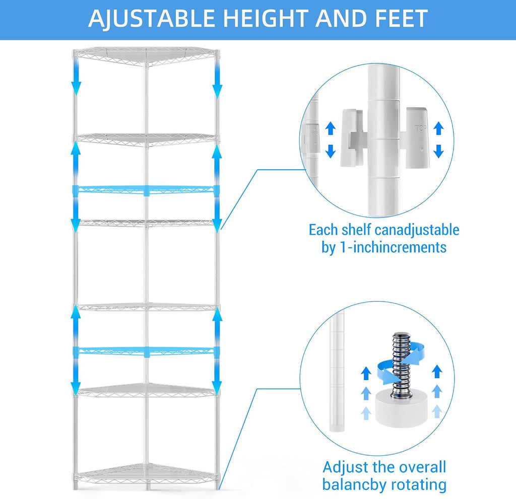 White Corner Storage Rack, 6 Tier Metal Corner Shelf Wire Shelving Unit, 600lbs Capacity, NSF, Adjustable Height, Leveling Feet and Liners, Ideal for Bathroom, Kitchen, 72'H x 20'L x 20'W, Pentagonal
