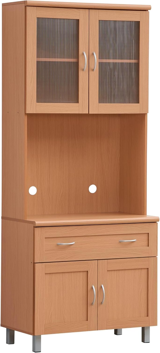 Pemberly Row China Cabinet, 79 in H x 32 in W x 17 in D, Beech Finish, Wooden Construction, Storage with Transparent Doors, Drawer, and Shelves, Home or Office Kitchen Storage Furniture