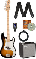 Fender Squier Sonic Precision Bass Guitar - 2 Color Sunburst Bundle with Rumble 15 Bass Amplifier, Cable, Tuner, Strap, and Austin Bazaar Instructional DVD