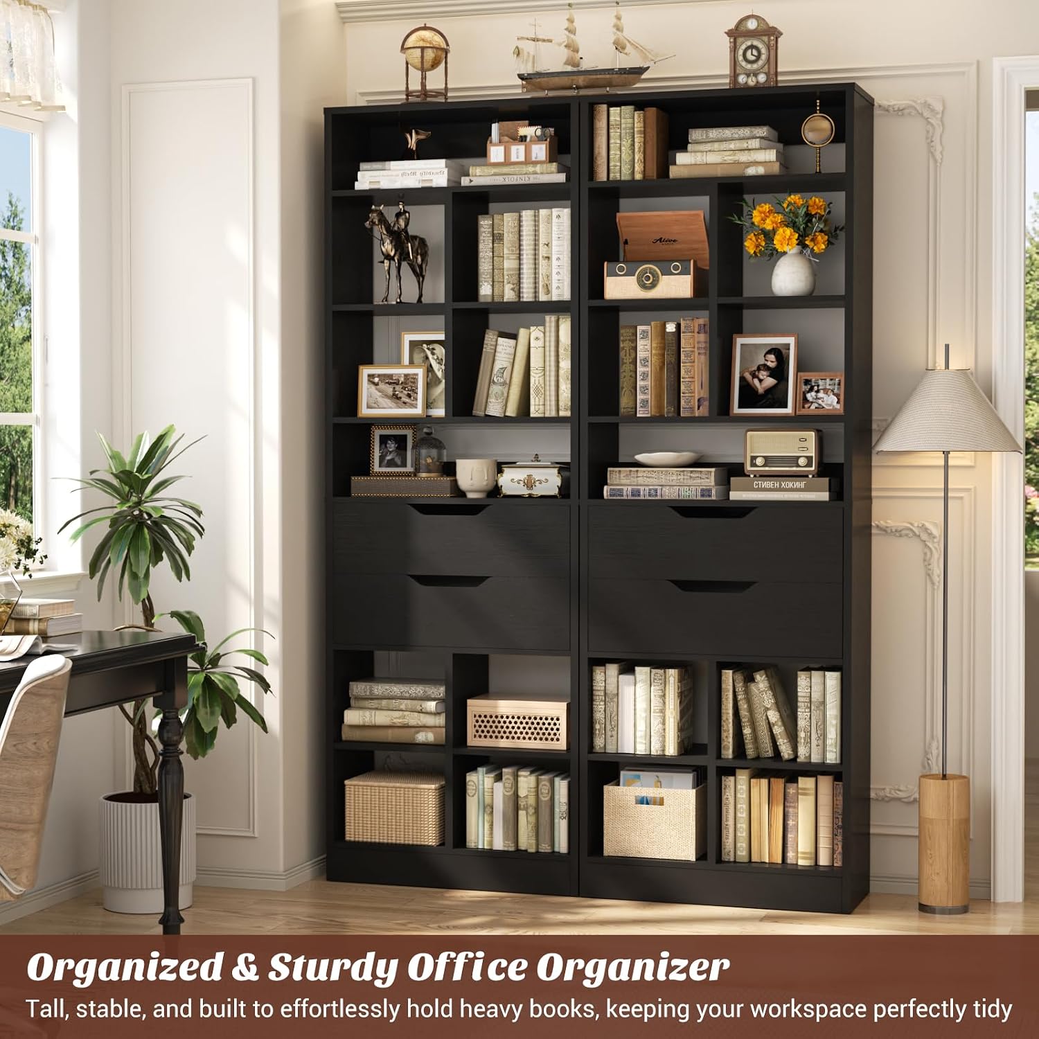 Armocity 9-Tier Tall Bookshelf with 2 Drawers, 79.7' Narrow Freestanding Bookcase, Space-Saving Wood Display Shelves Storage for Living Room, Home Office Bedroom, Black