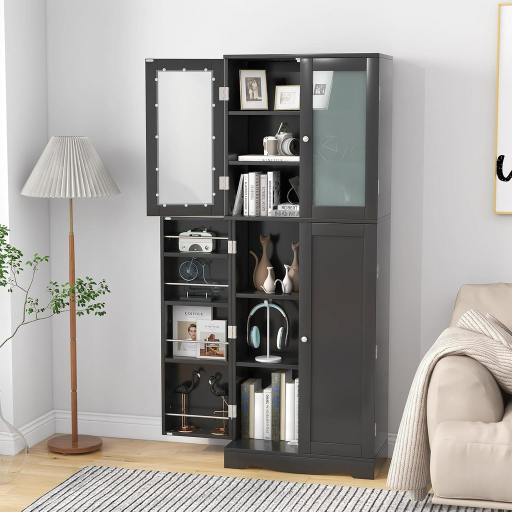 LOKO 63.5' Tall Kitchen Pantry Storage Cabinet, Freestanding Food Storage Cabinet with Glass Doors, Storage Shelves & Door Racks, Modern Cupboard for Dining Room, Living Room (Black)