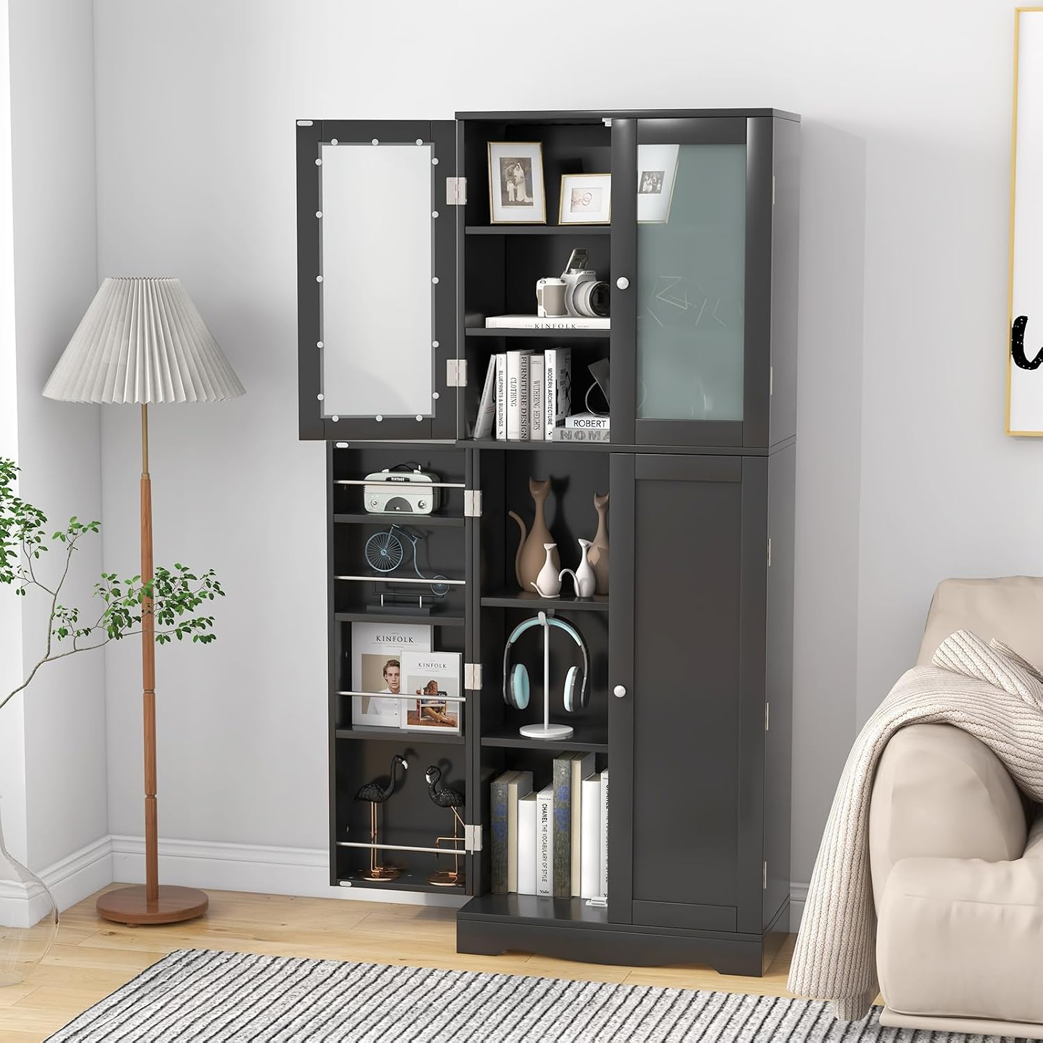 LOKO 63.5' Tall Kitchen Pantry Storage Cabinet, Freestanding Food Storage Cabinet with Glass Doors, Storage Shelves & Door Racks, Modern Cupboard for Dining Room, Living Room (Black)