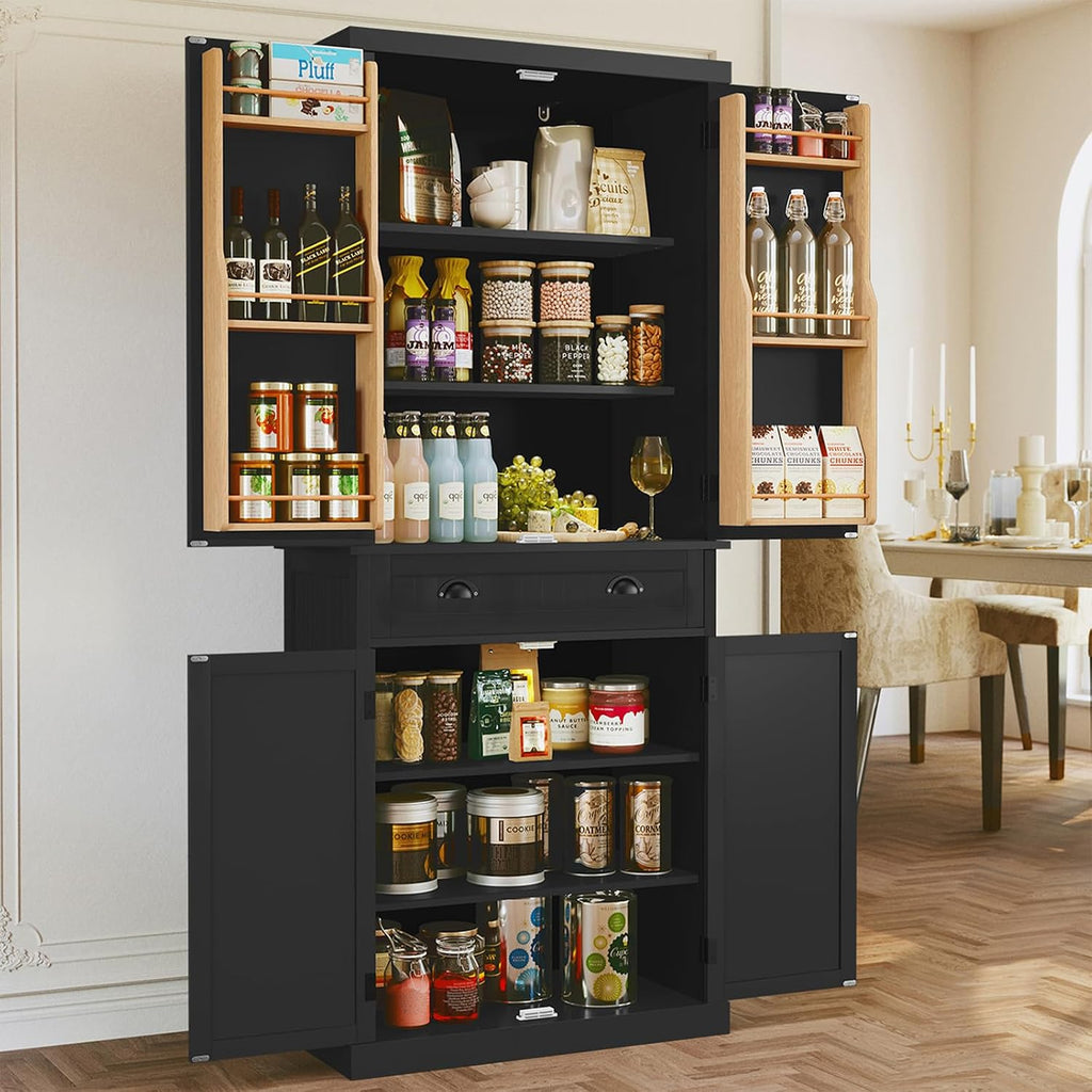 ARTPOWER 72' Pantry Storage Cabinet with Drawer, Freestanding Tall Cupboard Storage Cabinet, Utility Pantry with Door Shelves and 2 Adjustable Shelves for Kitchen, Dining Room,Living Room, Black